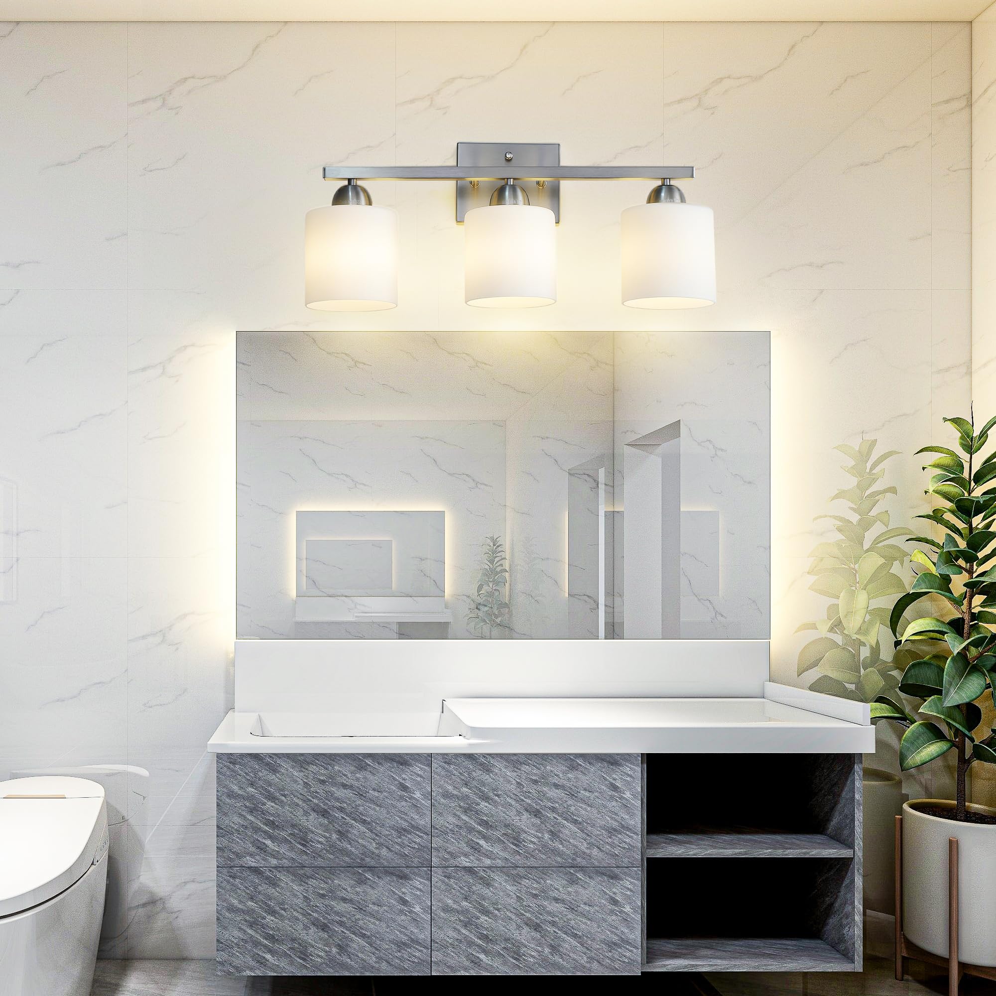 Mecgirn Stainless Steel Milk Glass Bathroom Vanity Light Over Mirror, 3 Light Brushed Nickel Bathroom Light Fixtures With Froste