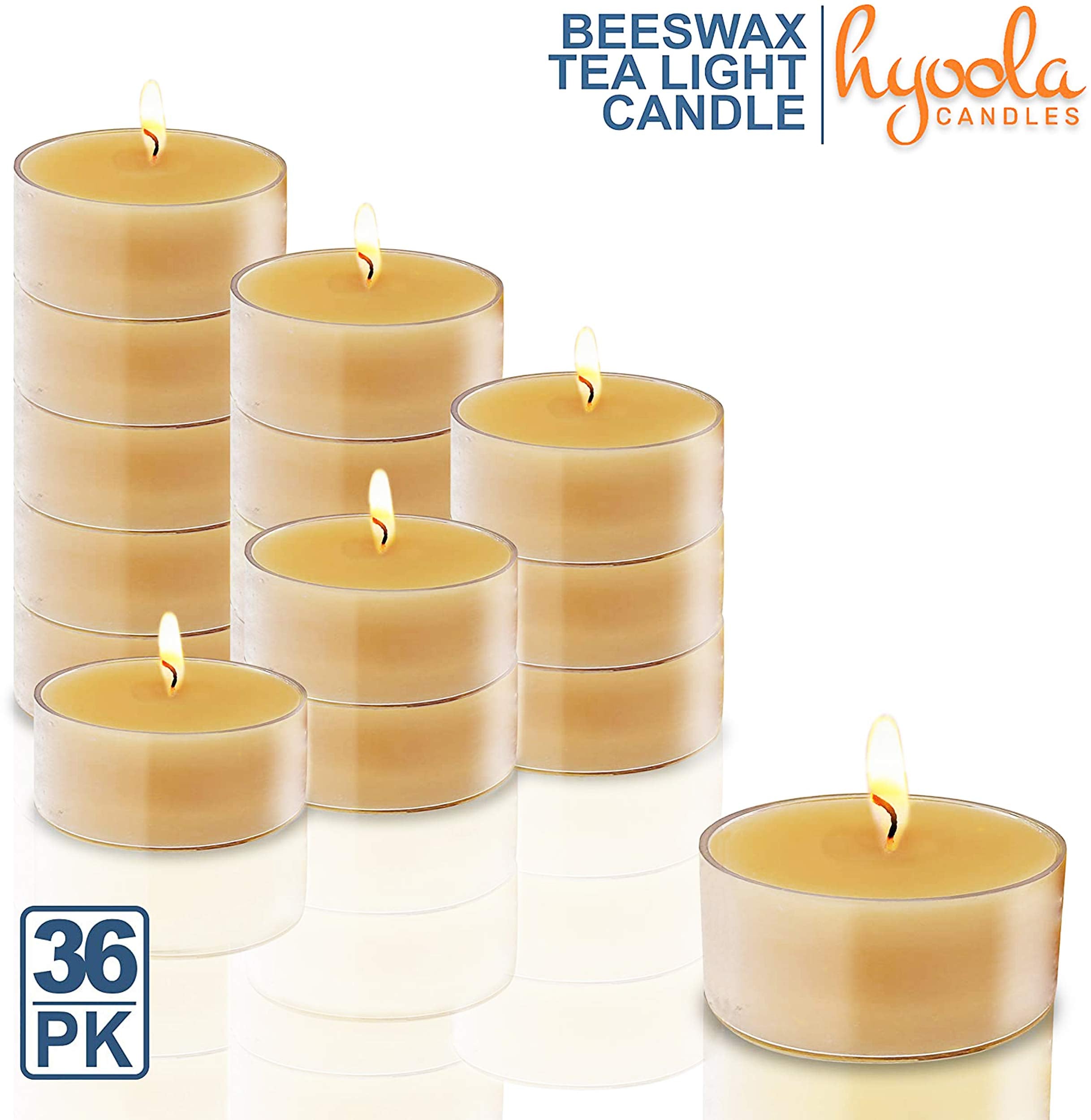 Hyoola Pure Beeswax Tea Lights, Handmade Decorative Unscented, Tealight Candles, 4 Hour Burn Time, Clear Cup (Pack Of 36)