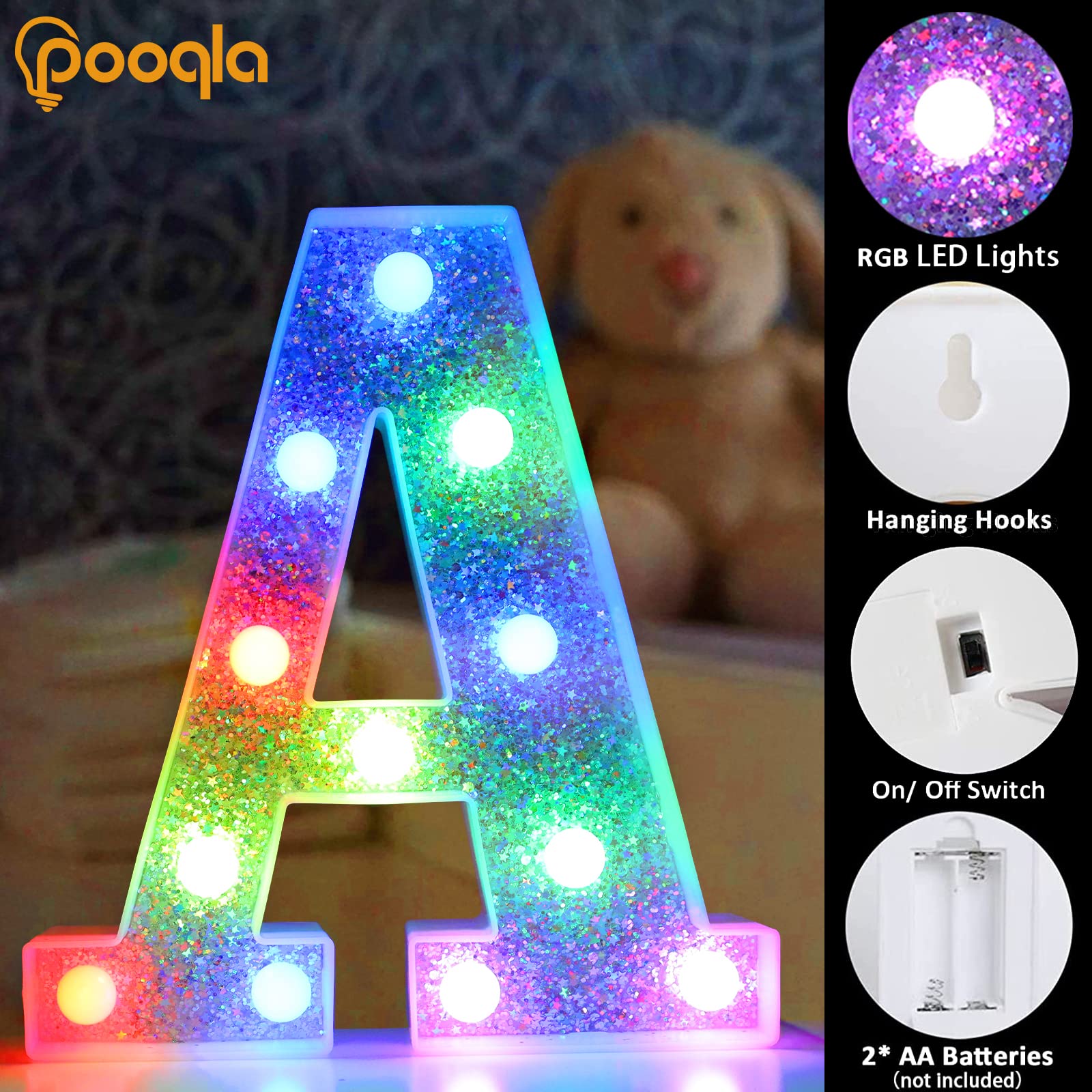 Pooqla LED Marquee Letter A Light, Battery Operated, 16 Colors, Silver, Plastic
