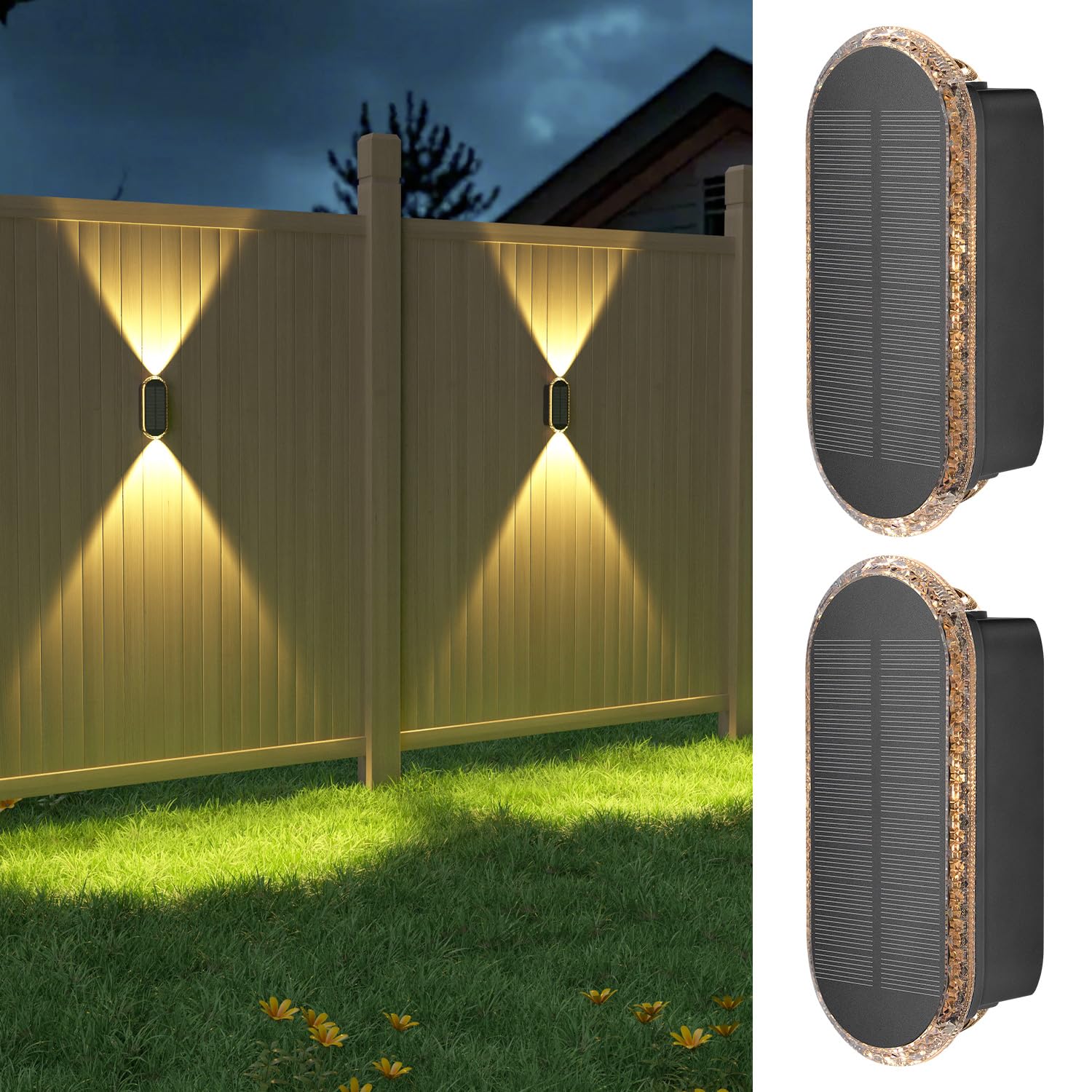 Ellasay Fence Lights Solar Powered: 2 Pack Solar Wall Lights Outdoor Up and Down IP67 Waterproof - 3 Colors Modes Brighter LED Lens Solar Lights Dusk to Dawn 12h for Backyard/Porch/Railing/Balcony