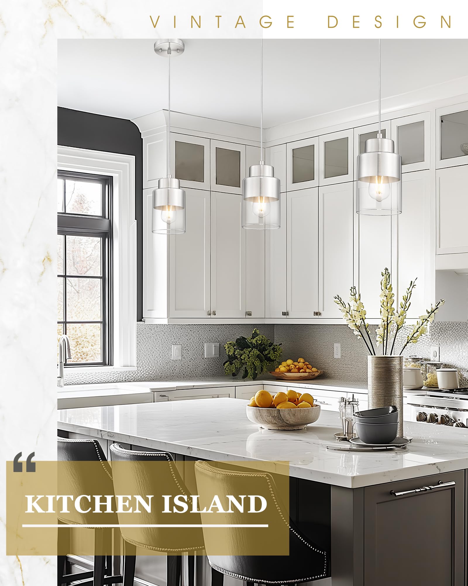 Audickic 2-Pack Pendant Lights Kitchen Island  Brushed Nickel Dual Shade Hanging Lights Fixtures With Metal And Clear Glass  Kitchen Pendant Lighting Over Island For Dining Room  Ad-24022-1P2-Sn