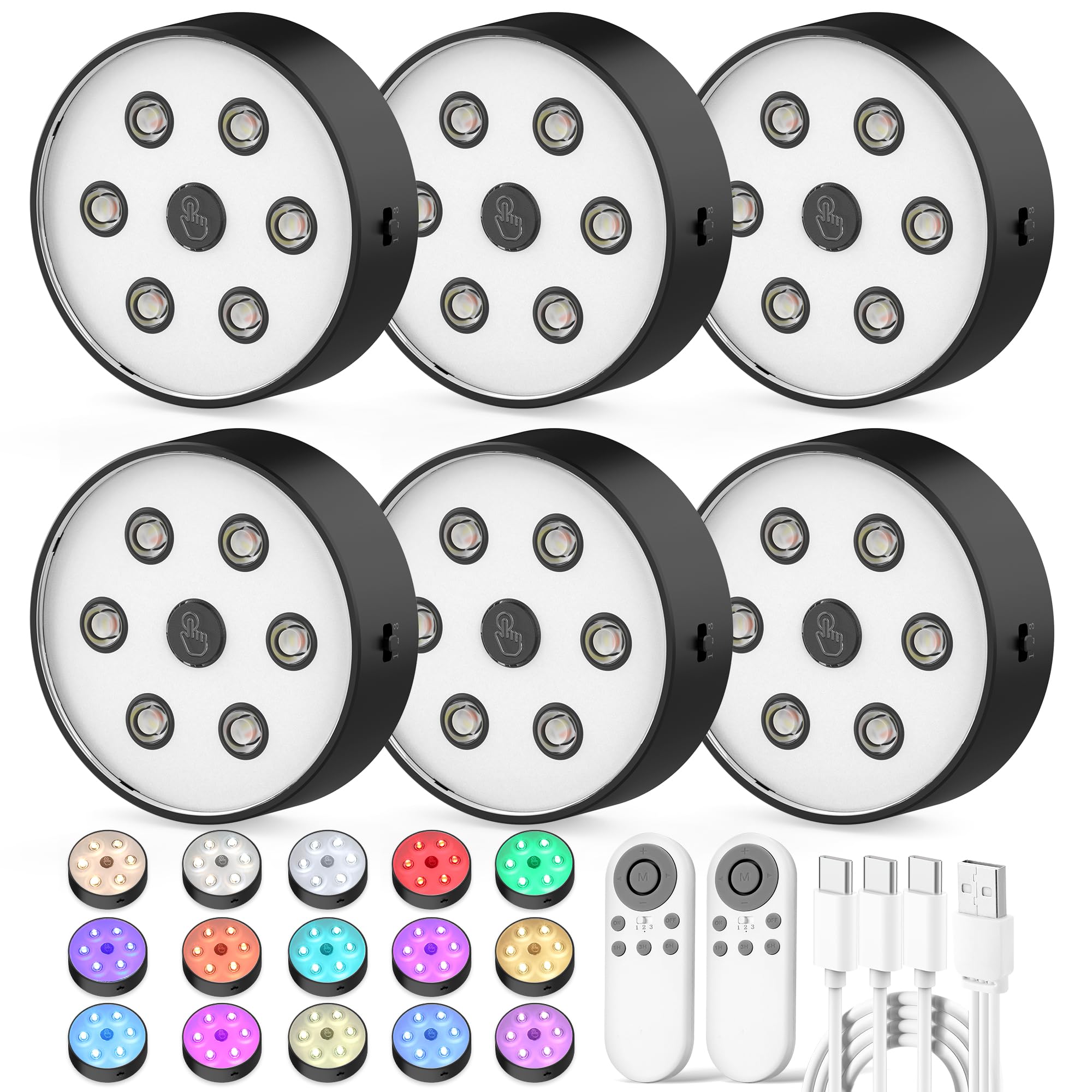 Onumii Rechargeable Puck Lights with Remote 2.4G Under Cabinet Lighting 2600mAh Sync and Groupable Color Changing Magnetic Stick