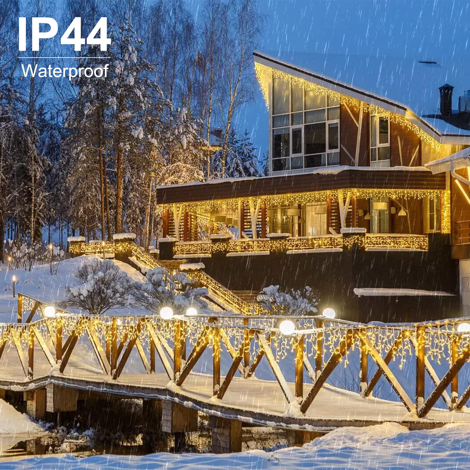 Brightown Icicle Lights Outdoor - 736 LED 66 FT, Warm White, 8 Modes, Waterproof, Remote & Timer, Model JT-EL/FC300V0300-D1