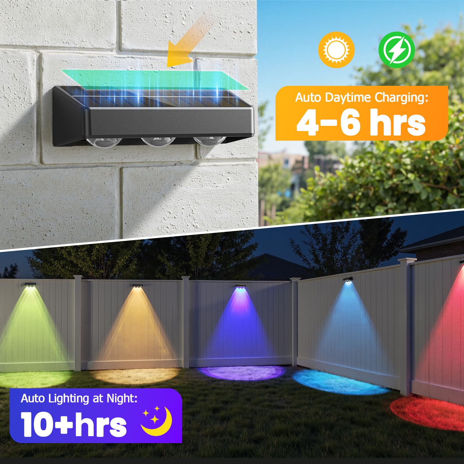 NIORSUN Solar Fence Lights, Waterproof LED Bulbs, RGB Color, 8 Pack, Black, Model 16399LGTF