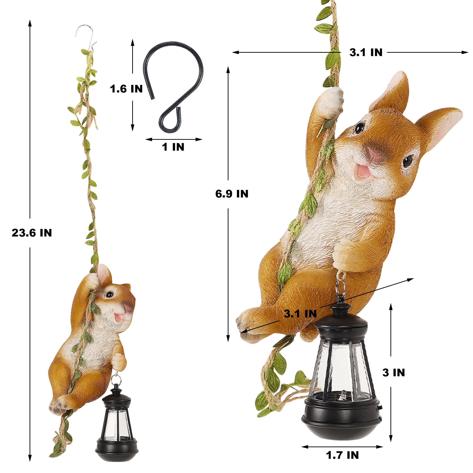 Joliyoou Solar Light Outdoor Statue, Resin Rabbit Climbing on Vine with LED Lantern, 6.9in H, 23.6in L, Waterproof Hanging Figurine