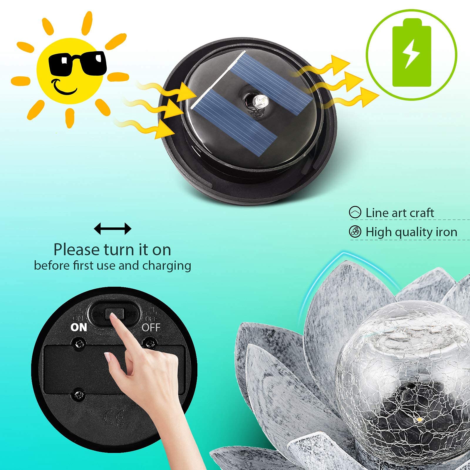 Huaxu Solar Lights Outdoor Garden, Waterproof Led Crackle Globe Metal Flower Decor