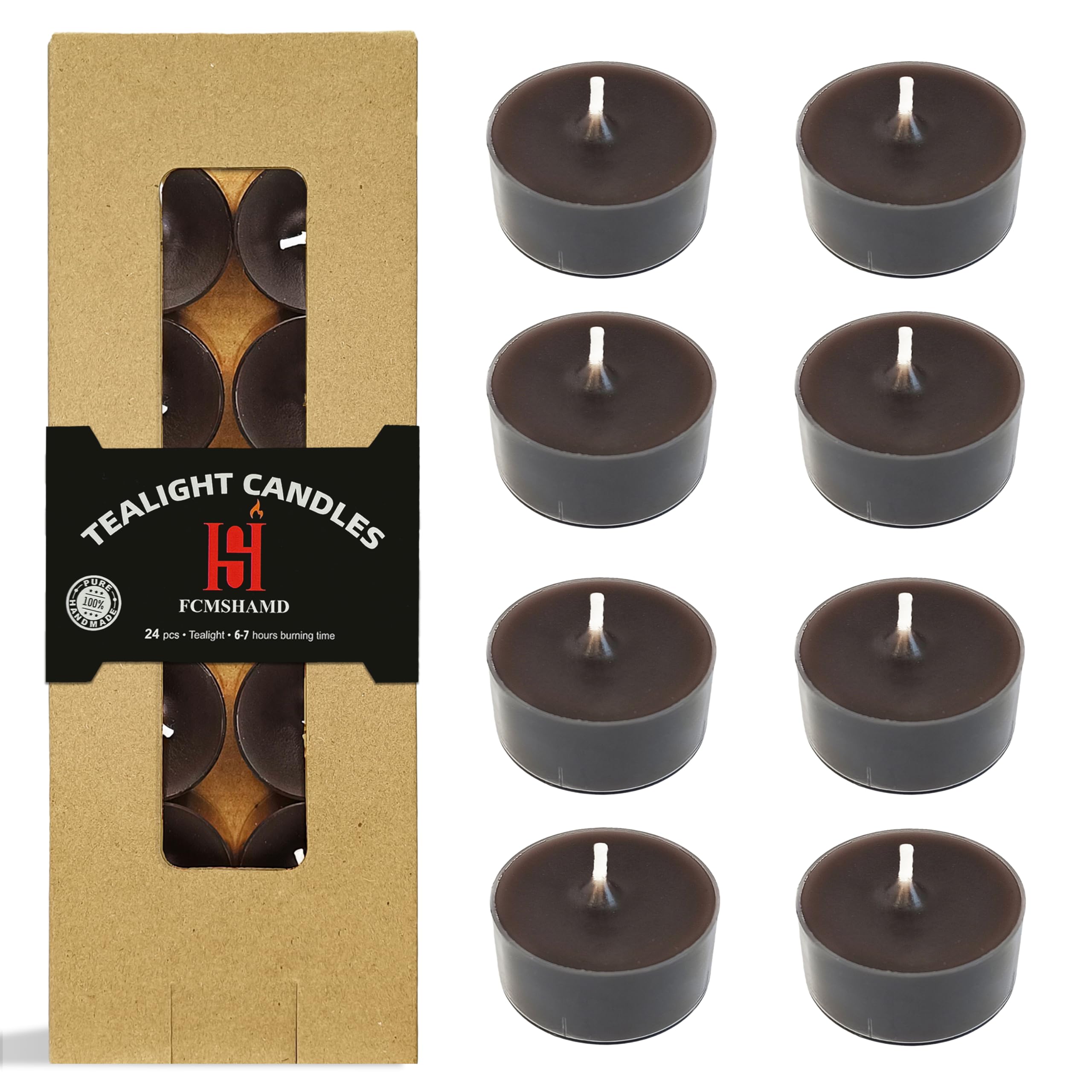 Tea Candles Handmade 24 Pack Coffee Scented Clear Cup Smokeless Tea Lights Candle 7 Hour Tealight Candle for Wedding Party Yoga Spa Decor(Brown)