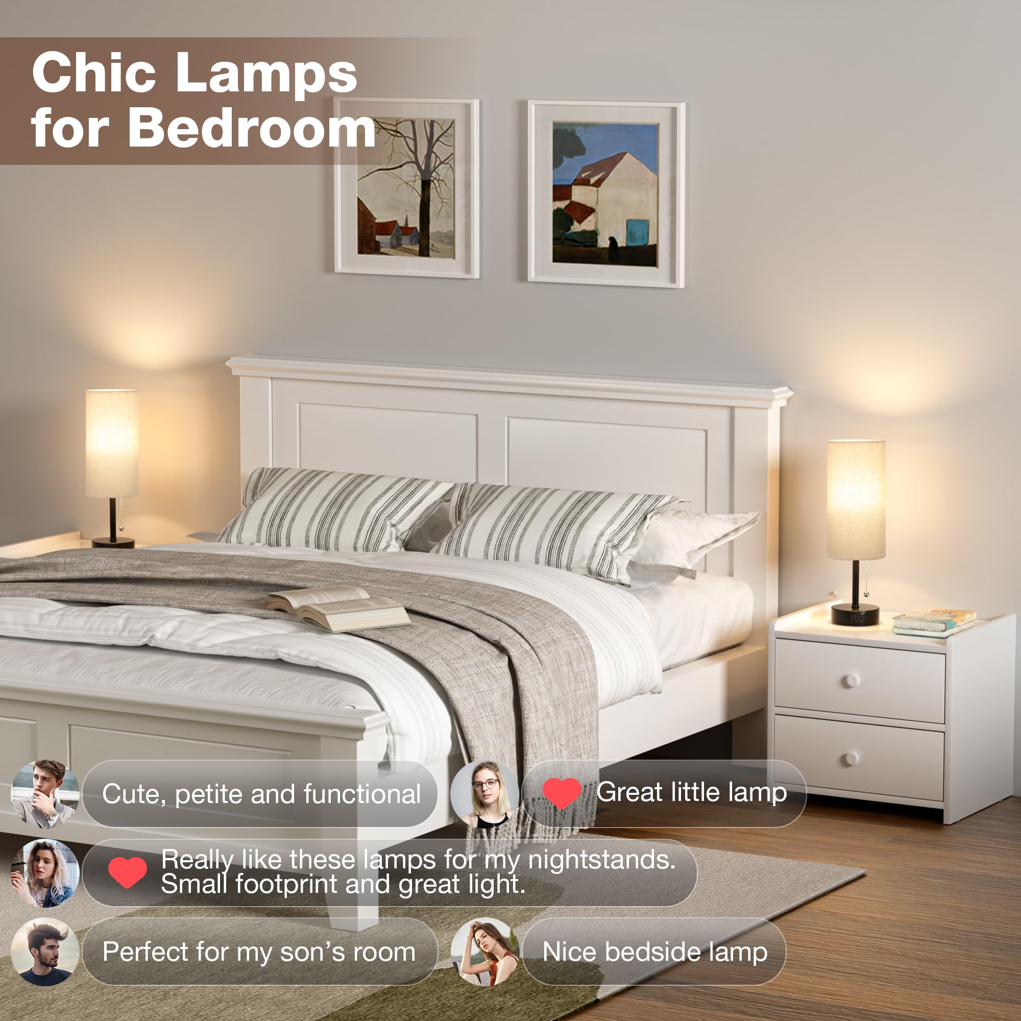 Bedside Lamps For Bedroom Set Of 2 - Nightstand Table Lamp With Usb A + C Charging Port, 3 Color Temperatures Pull Chain Night S