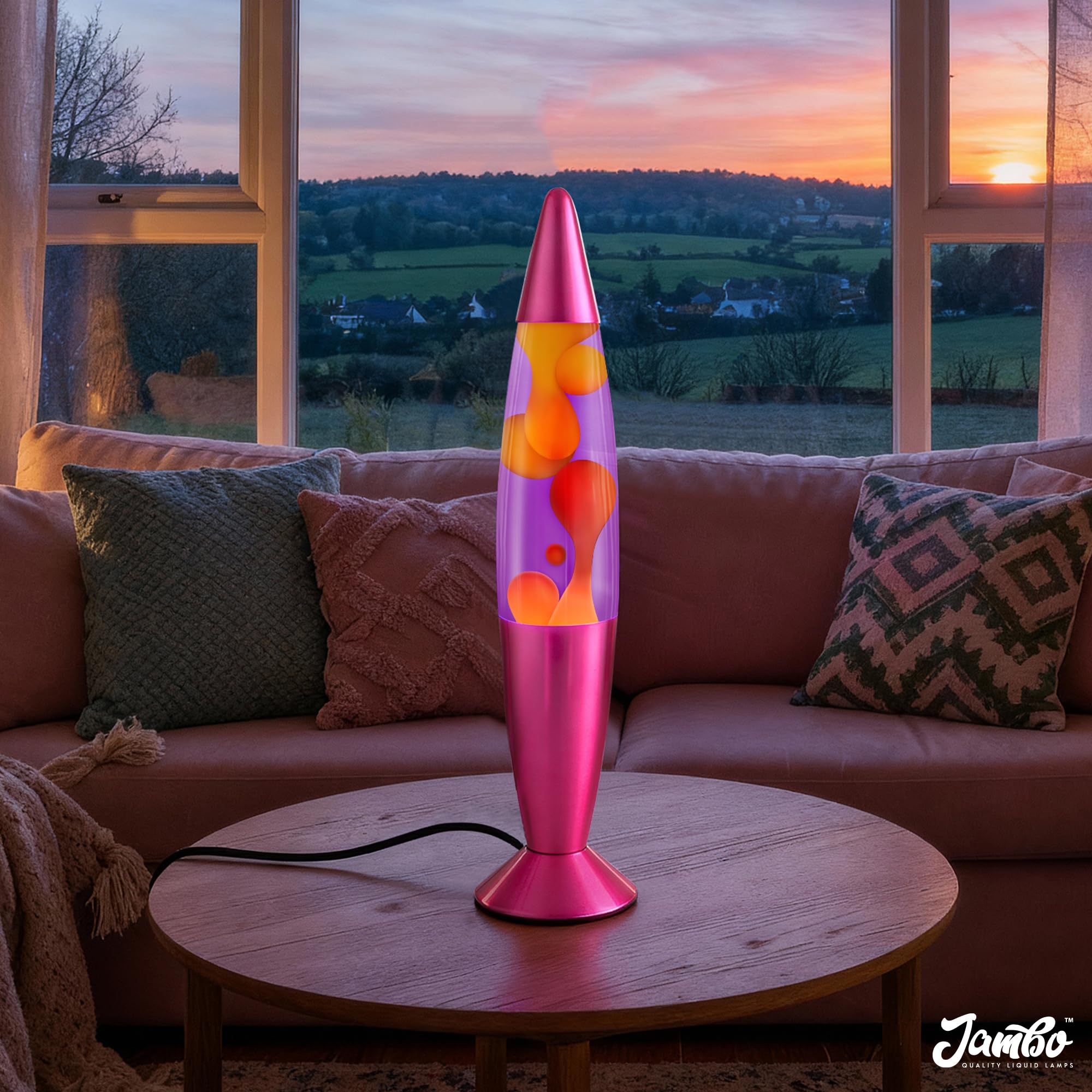 Jambo 16-Inch Liquid Lamp, Glass, Pink Base, Purple Liquid, Yellow Wax, Model KL-17, Relaxing Night Light for Kids & Adults