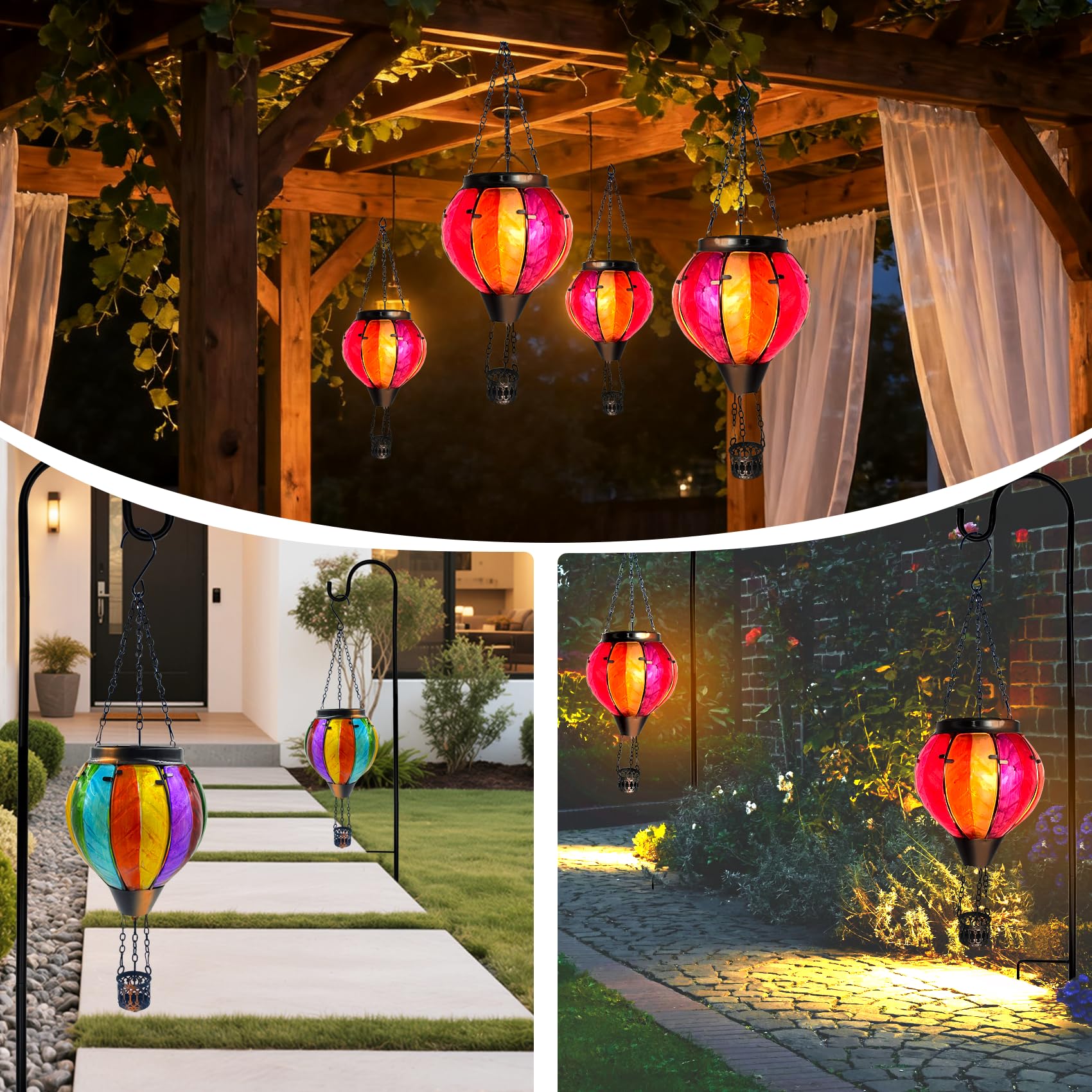 Twirleternity Hot Air Balloon Solar Lanterns - 2PCS Waterproof Outdoor Hanging Lights, Metal Hook, Flickering Flame, Rainbow Color