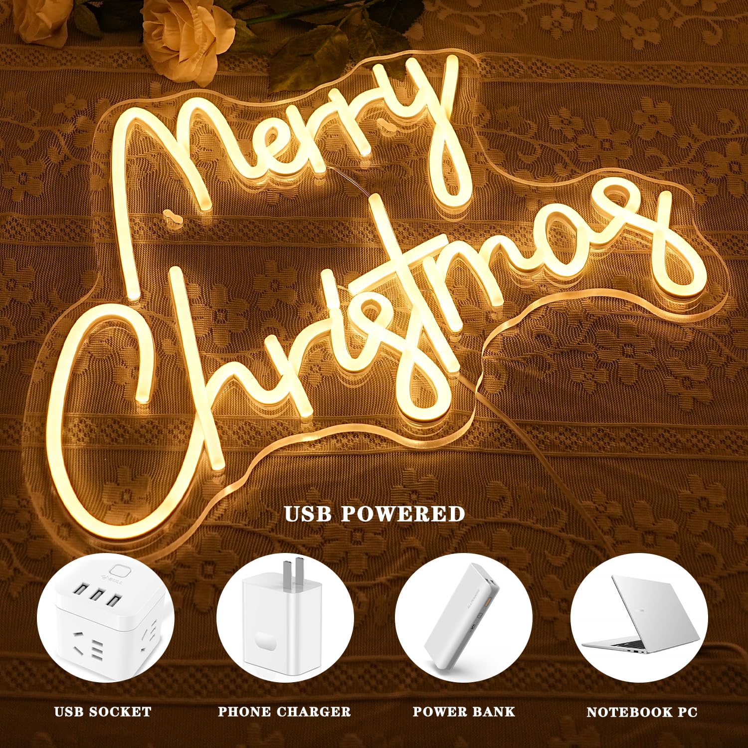 Alkkign Merry Christmas Neon Signs Warm White Merry Christmas Neon Light Dimmable New Year Neon Light for Wall Decor Christmas P