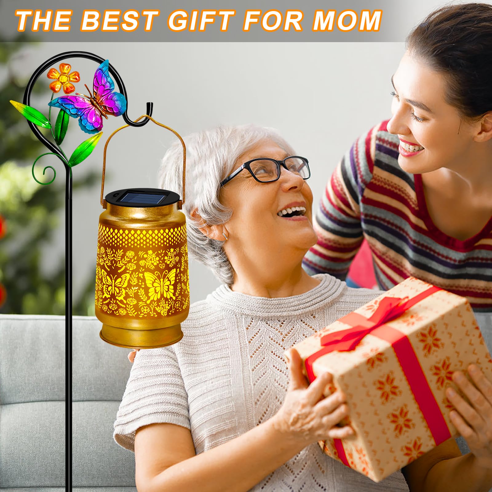 2 Pack Solar Lanterns Outdoor Waterproof,Butterfly Solar Lights Garden Decor Gifts For Mom Women Grandma Decoration Outside For