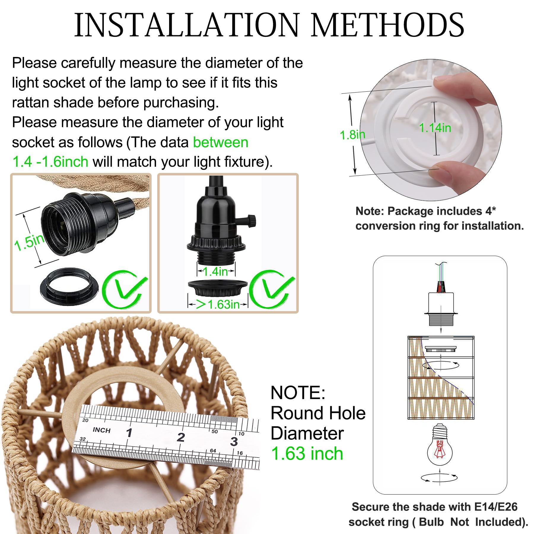 Giutna Rattan Lamp Shade, 4-Pack Retro Small Wicker Lamp Shade Replacement, Boho Woven Pendant Light Lampshade Cover For Chandel