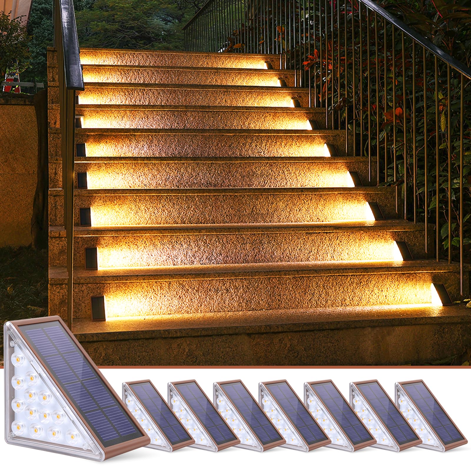 NIORSUN Solar Deck Step Lights, 8 Pack Warm White Auto On/Off Step Lights for Outside, Patio, Porch, Deck Decor (Brown)