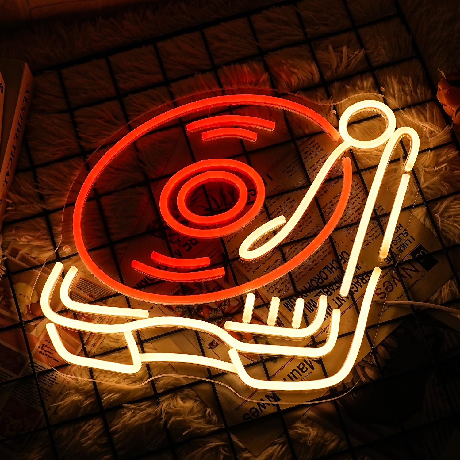 LMSIGNLY Neon Record Player Sign - Retro Music Studio Decor - Red & Warm Plastic Light for Bedroom and Bar