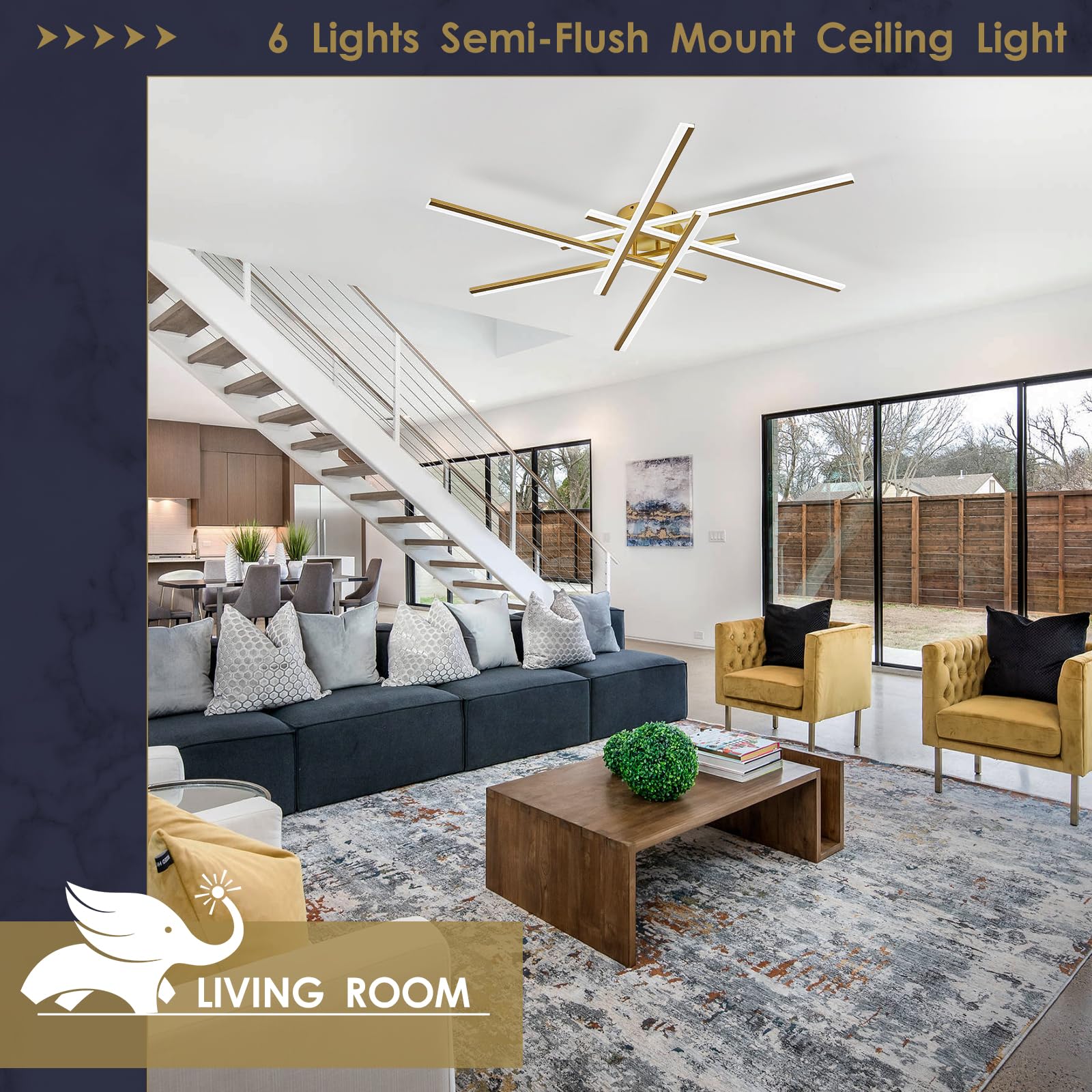 Airyphant 6-Lights Led Chandelier Modern Semi-Flush Mount Ceiling Light 44 Remote Control Ceiling Lighting Fixtures For Living Room Bedroom Kitchen Foyer