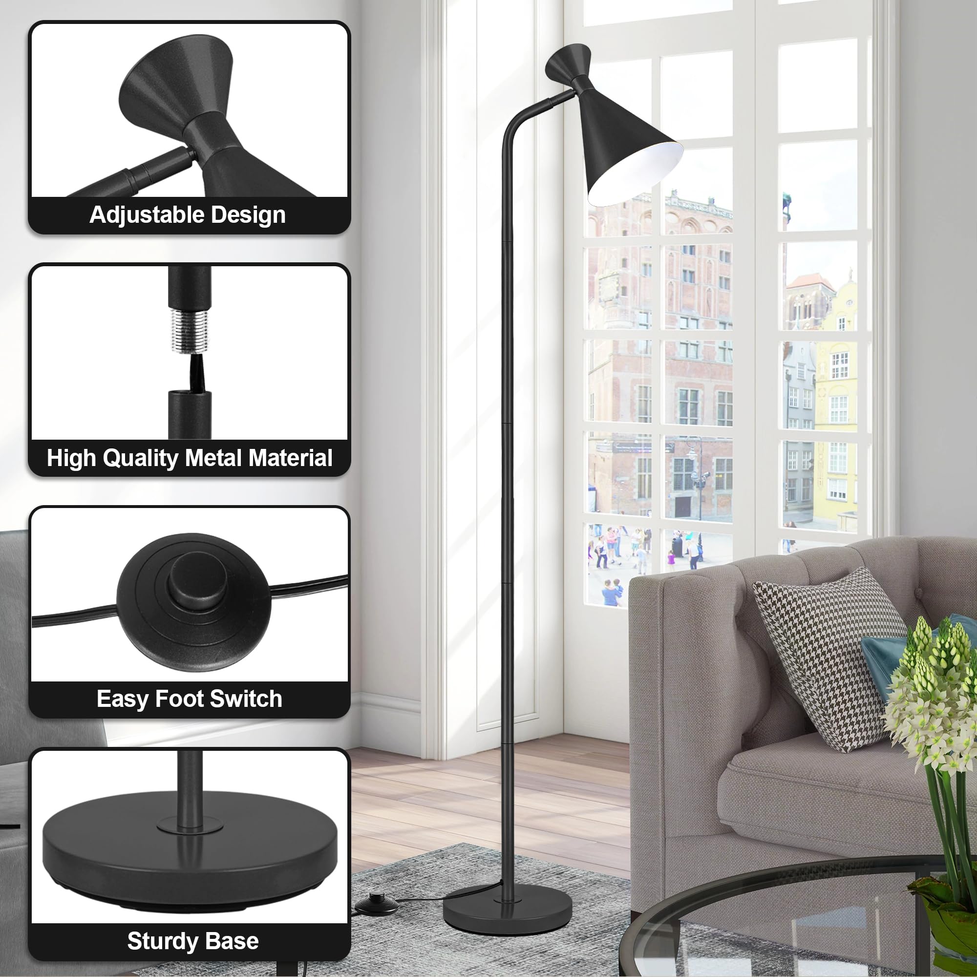 PARTPHONER Floor Lamp, Adjustable Metal Heads, Black, Modern Design, Model PAFP073AB1, Foot Switch, Ideal for Living Room, Office, Kids Room