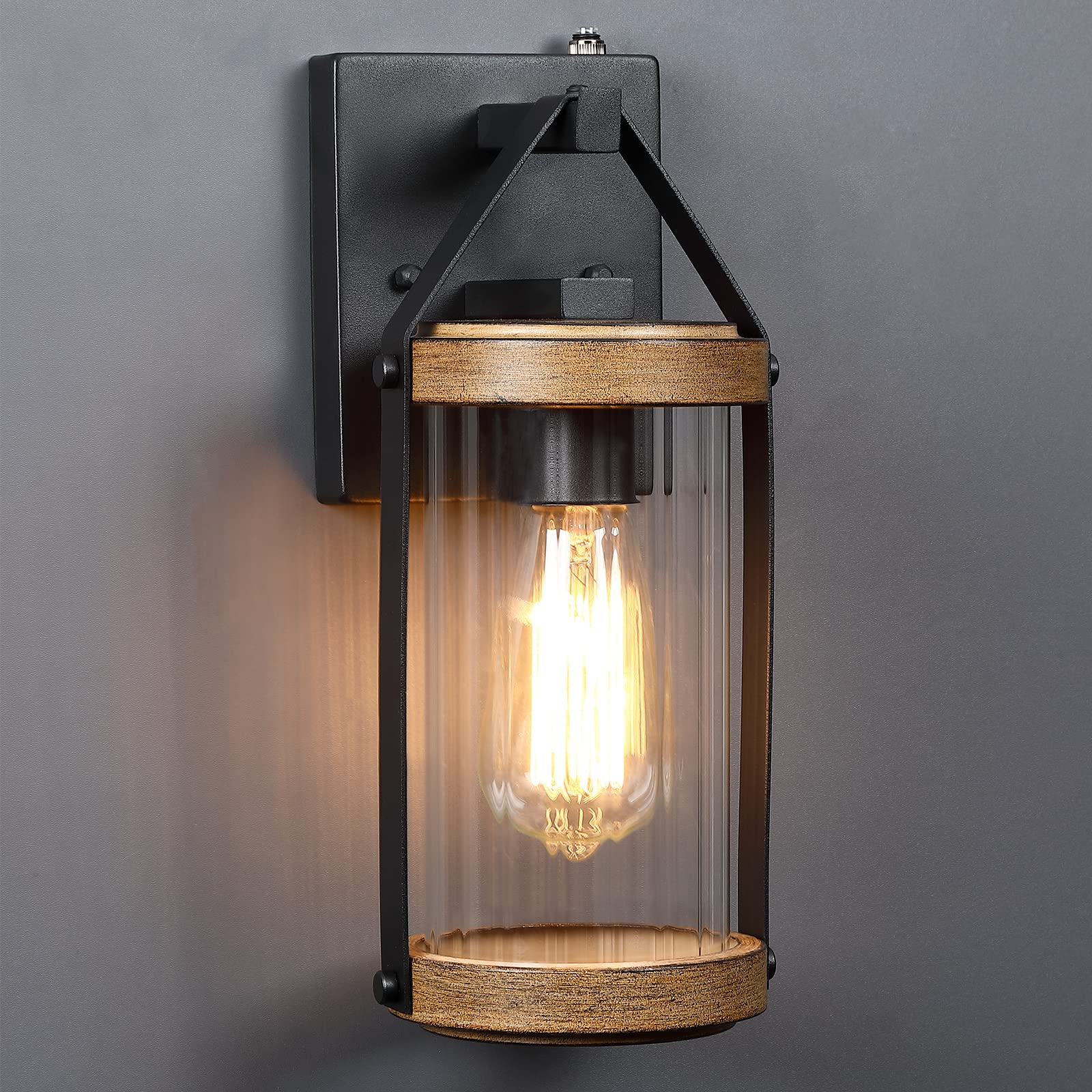 LONEDRUID Outdoor Wall Light Fixtures, 2 Pack, Dusk to Dawn, Waterproof, Black & Wood Texture, Photocell Sensor, Wall Mount Sconce