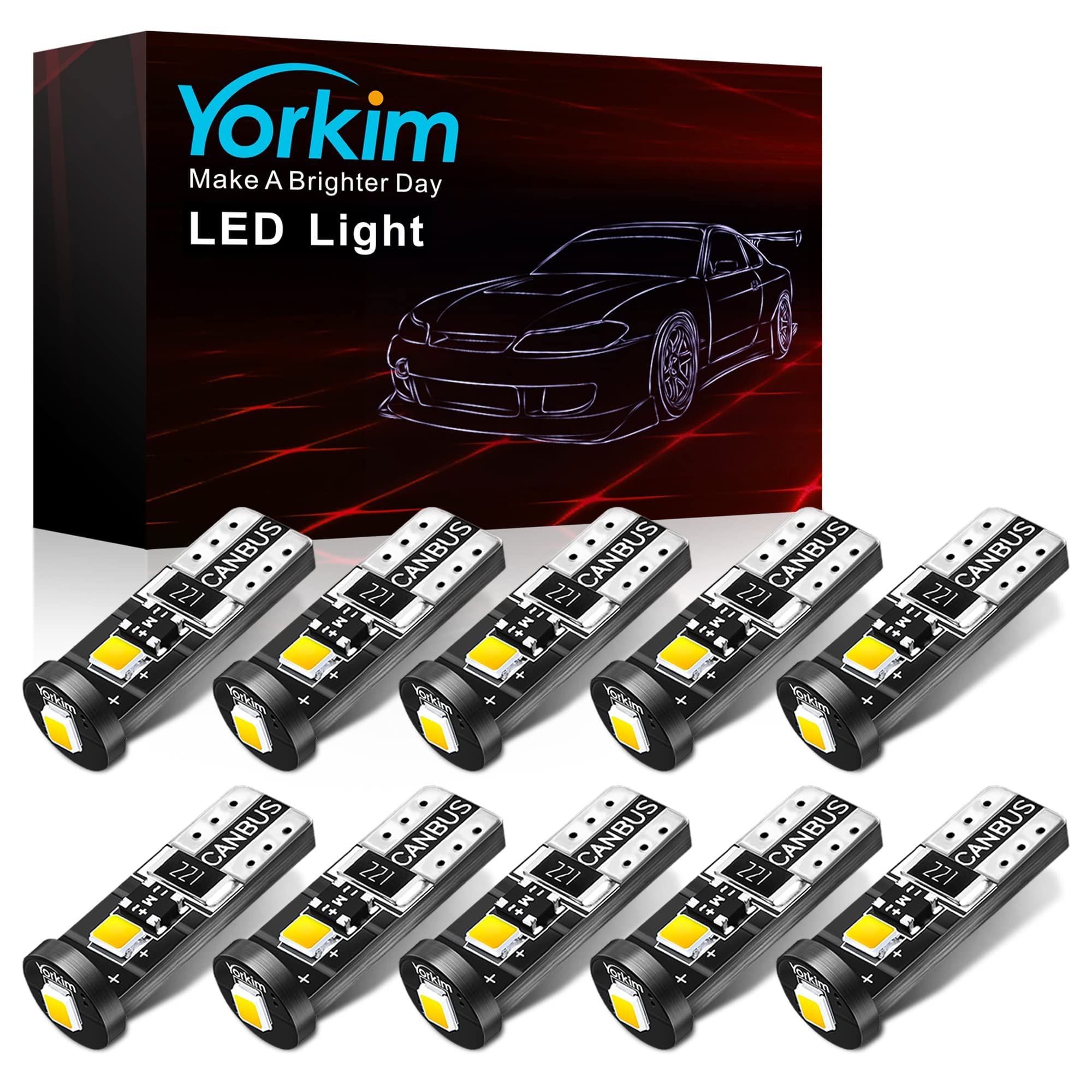 Yorkim 194 Led Bulb Canbus White Error Free 3-Smd 2835 Chipsets, T10 Interior Led For Car Dome Map Door Courtesy License Plate T
