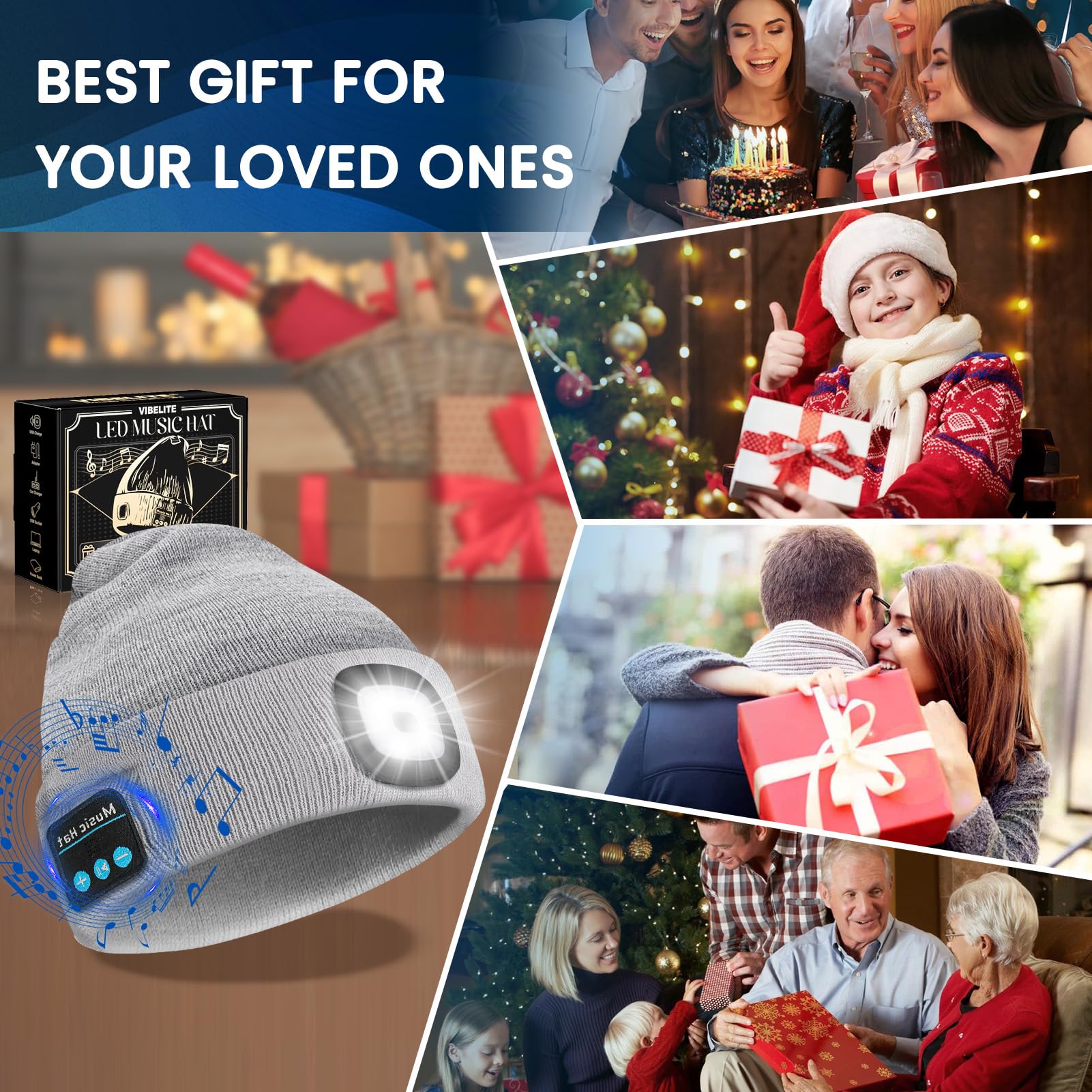 Vibhigh-standard Bluetooth Beanie Hat With Light  Usb Rechargeable Led Headlamp With Wireless Headphones  Christmas Gifts Stocking Stuffers For Men  Teen Boys  Him  Husband  Boyfriend  Grey