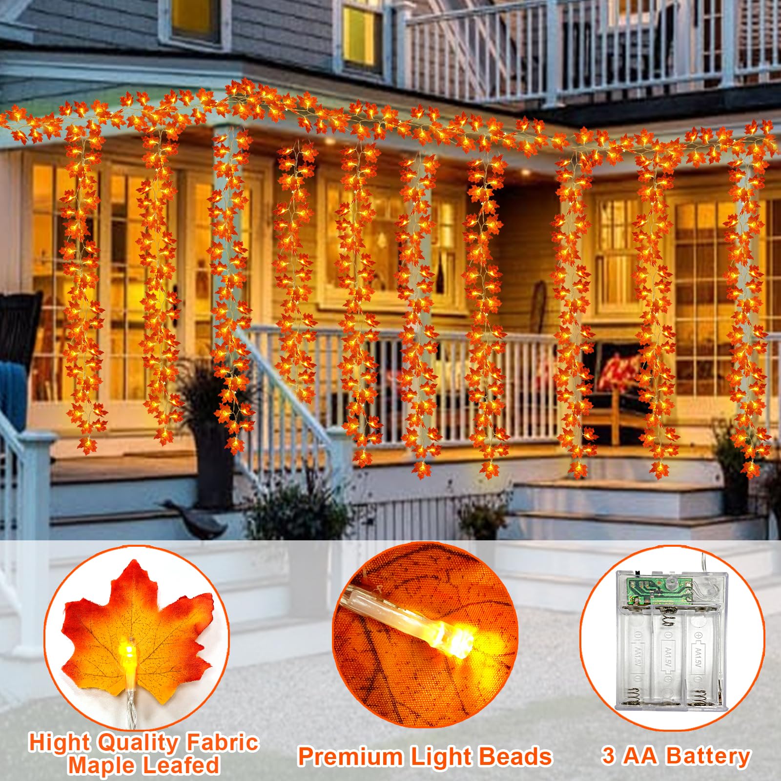 5 Pack Thanksgiving Decor Enlarged Maple Leafed Fall Garland With Lights, 50 Ft/100 Led Thanksgiving Garland Thanksgiving Lights Waterproof Battery Operated Fall Autumn Harvest Outdoor Indoor Home