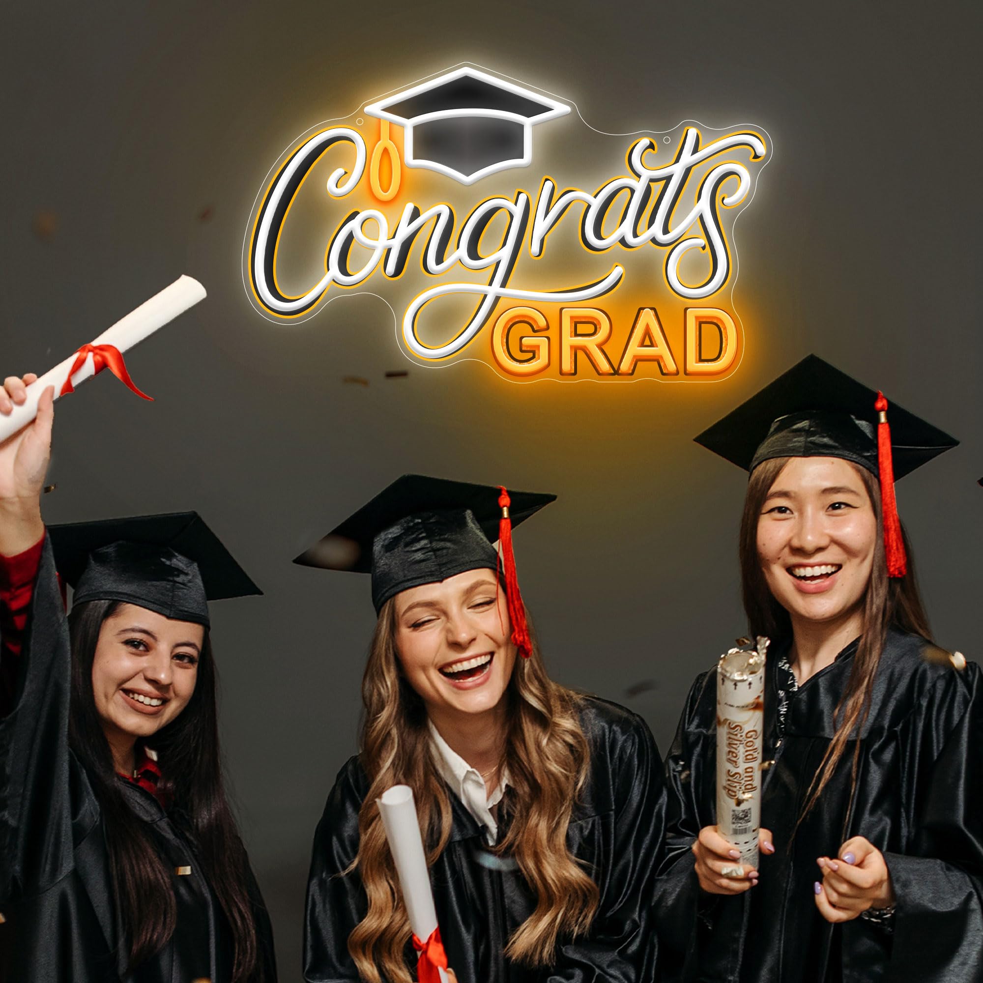 SELICOR Neon Graduation Sign with Cap - LED Light Up Decor, 15in x 8in, White Yellow, Class of 2025, Perfect for Prom Party and Photos