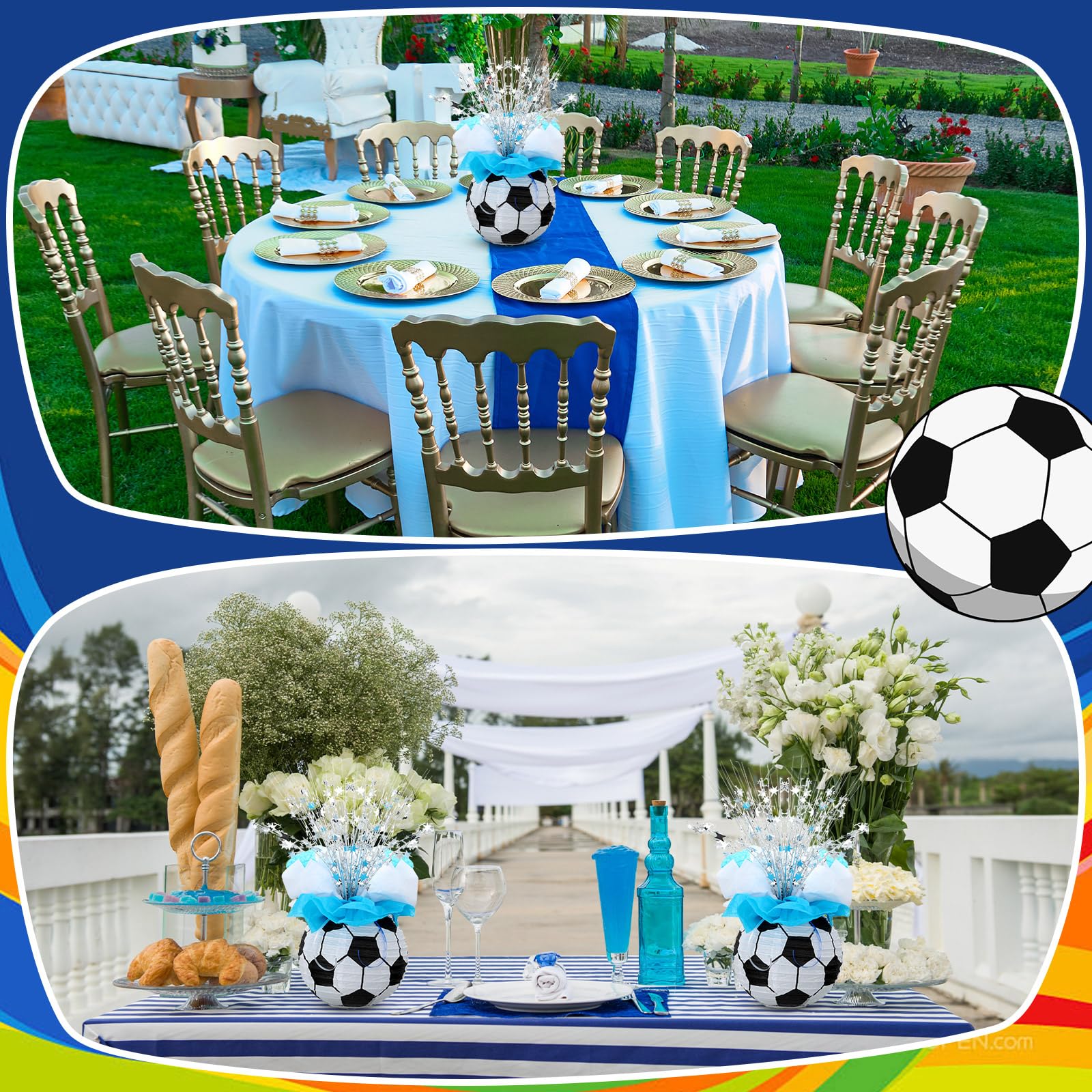 Rossesay Soccer Ball Lantern Centerpieces - 26 Pieces, Blue White, Model XUU-Rossesay-2155, Perfect for Soccer Birthday Party Decorations