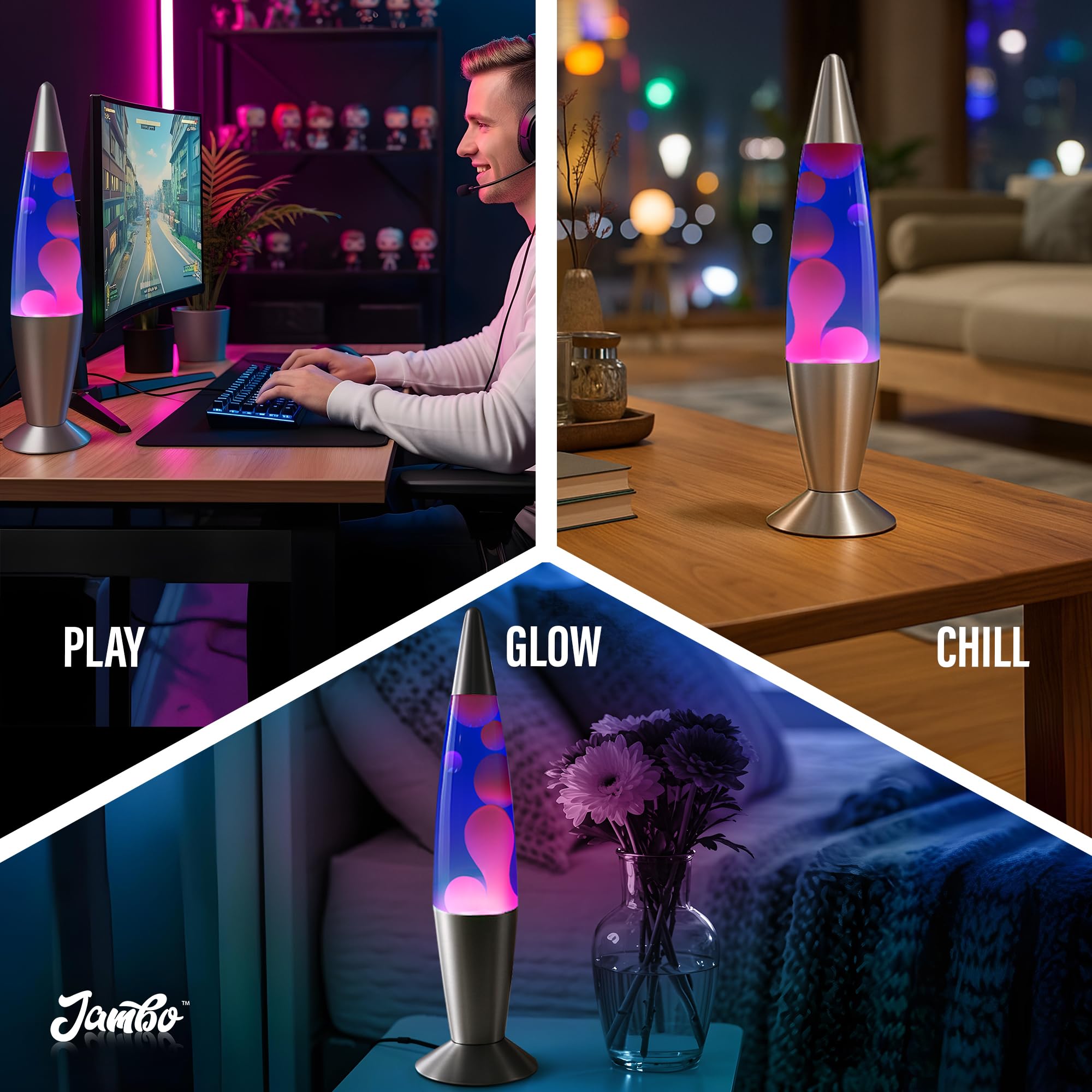 Jambo 16-Inch Magma Lamp, Blue Liquid & Purple Wax, Aluminum Base, Model 55002, Relaxing Night Light for Home & Office Decor