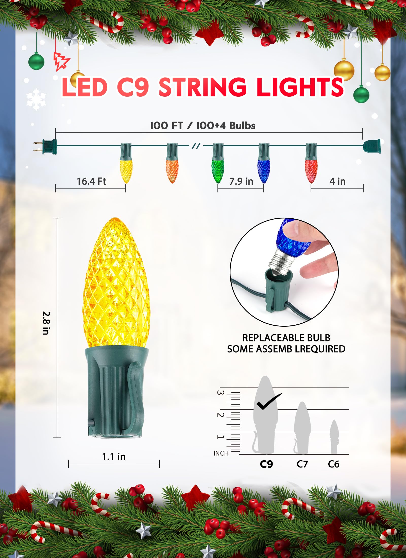 Minetom C9 Christmas String Lights, 100 Ft Multicolor Outdoor Christmas Lights, 100 Strawberry Led Bulbs, Connectable Ul Certifi