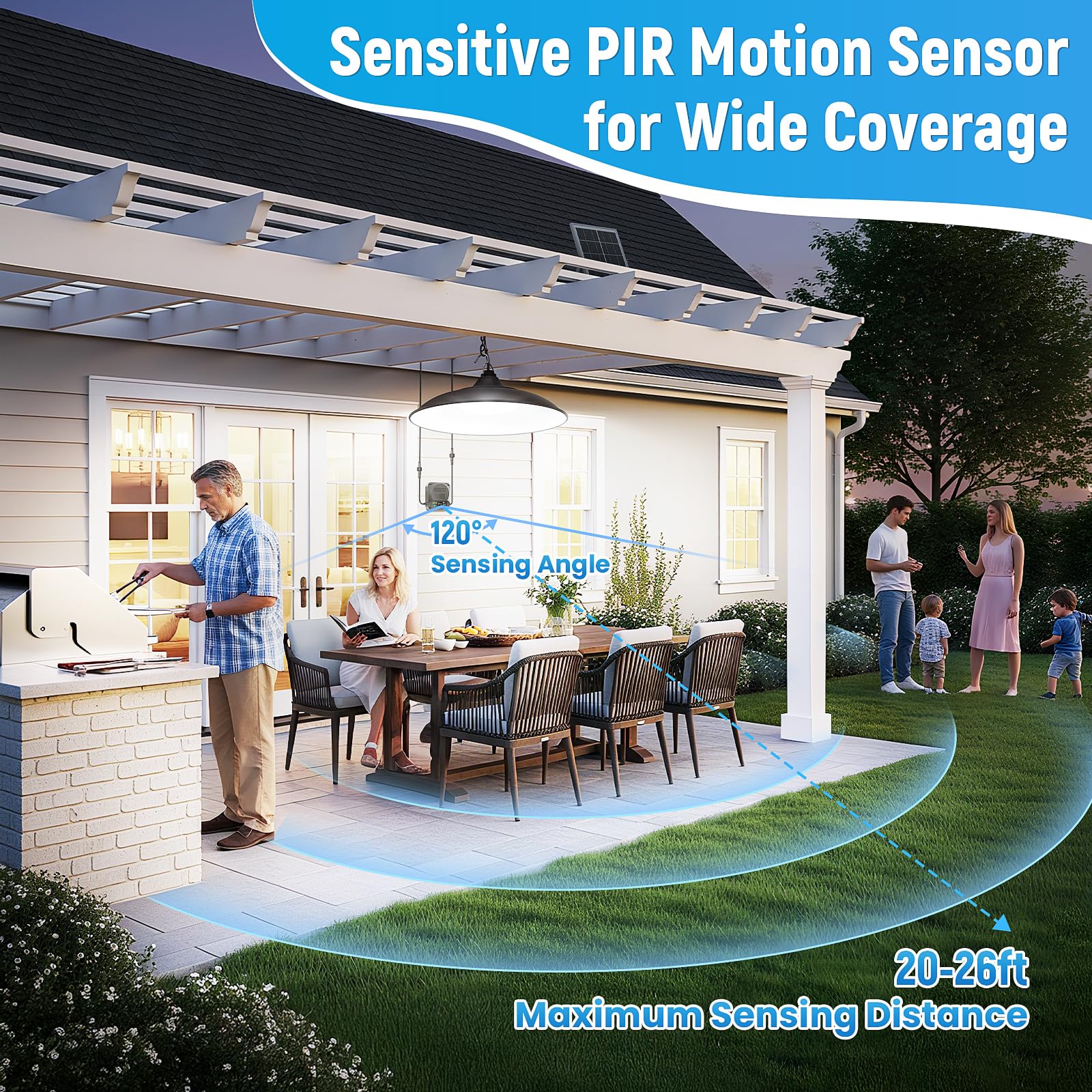 Solar Shed Lights Indoor Outdoor, 3200LM Motion Sensor Pendant Light Daytime Available with Remote & Button Control, IP65 Waterp