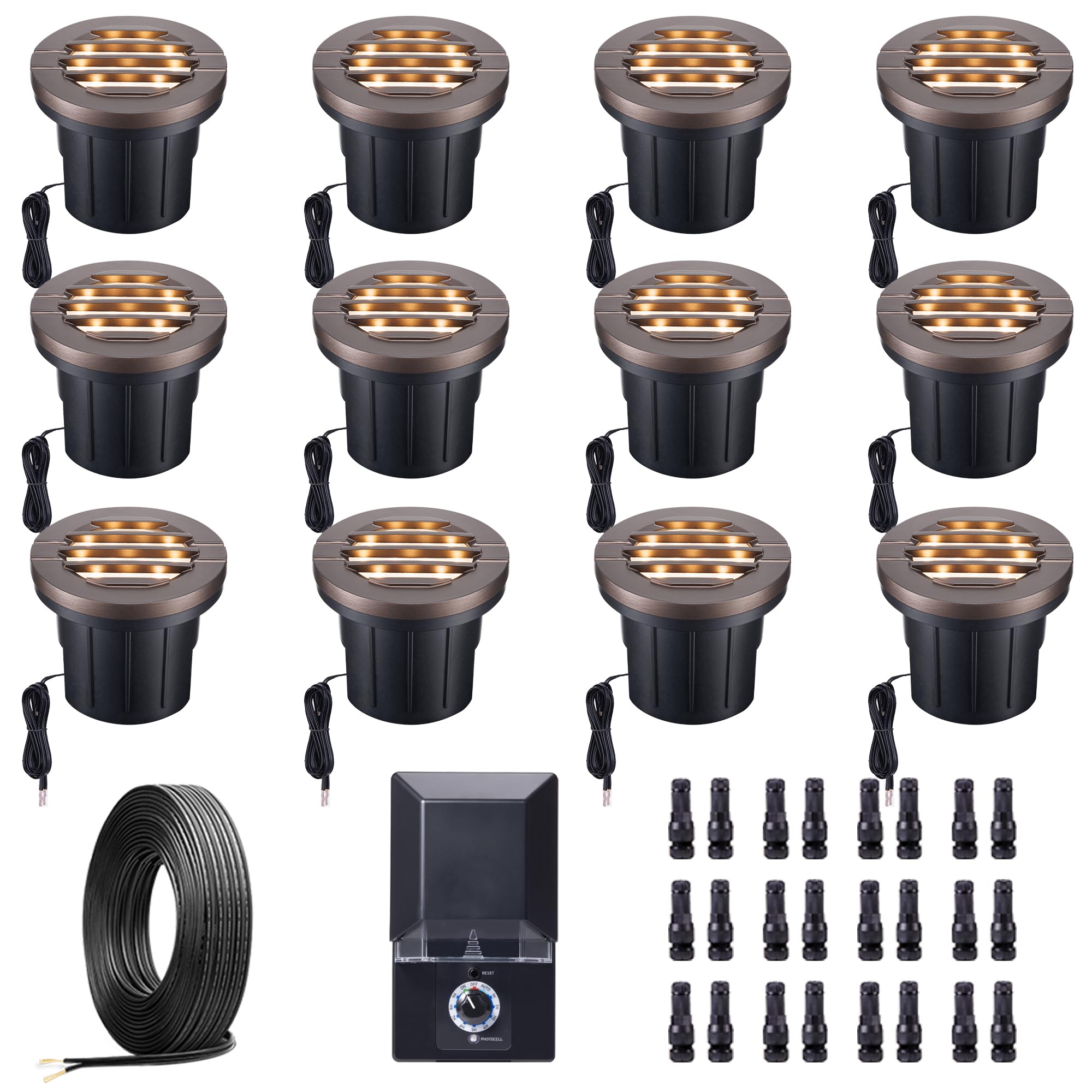 Varmtalys Ground Well Lights Kit, 12 Pack Landscape Low Voltage Inground Lights and 200W Transformer and 250FT Cable and 40 Wire