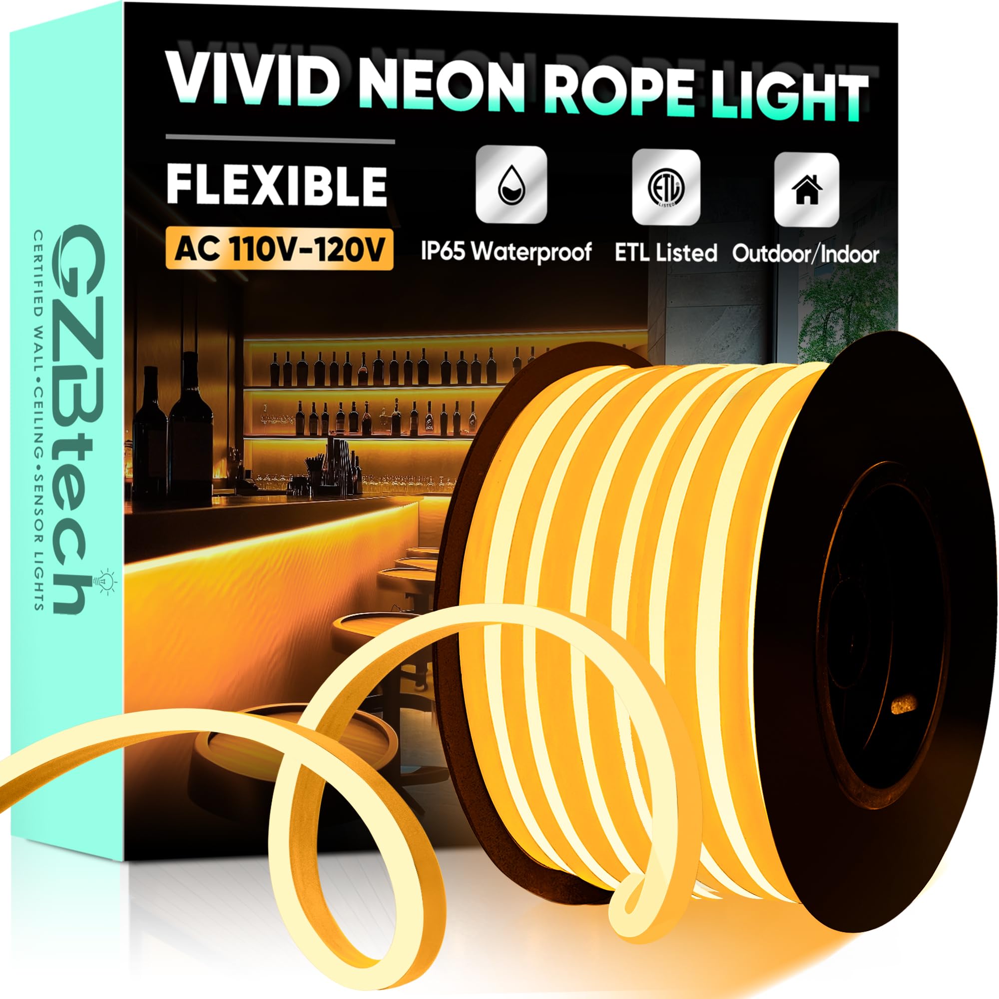Gzbtech Flexible Led Neon Rope Lights 50Ft Ac 110-120V Waterproof Strip Light  120 Leds/M Cuttable Connectable Neon Lighting For Indoor Outdoor Home Decor/Commercial Building Use-Amber 15M
