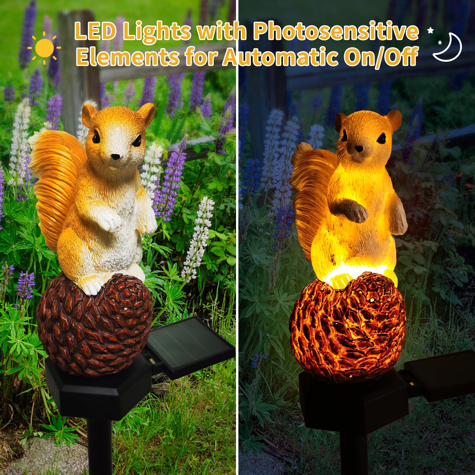 Qh & Garden Solar Outdoor Lights Squirrel Garden Statues Decor,Resin Squirrel Solar Light Birthday Gifts For Mom- Waterproof Cute Animal Figurine Lights For Balcony, Yard, Lawn, Pathway, Walkway