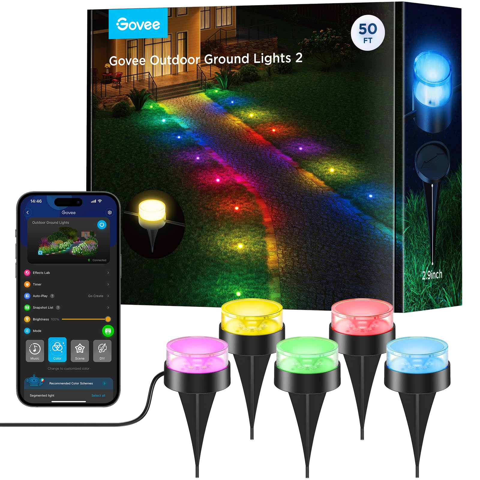 Govee Outdoor Ground Lights, 15 Pack RGBIC Pathway Lights, 50ft, IP67 Waterproof, Black, Model H7052