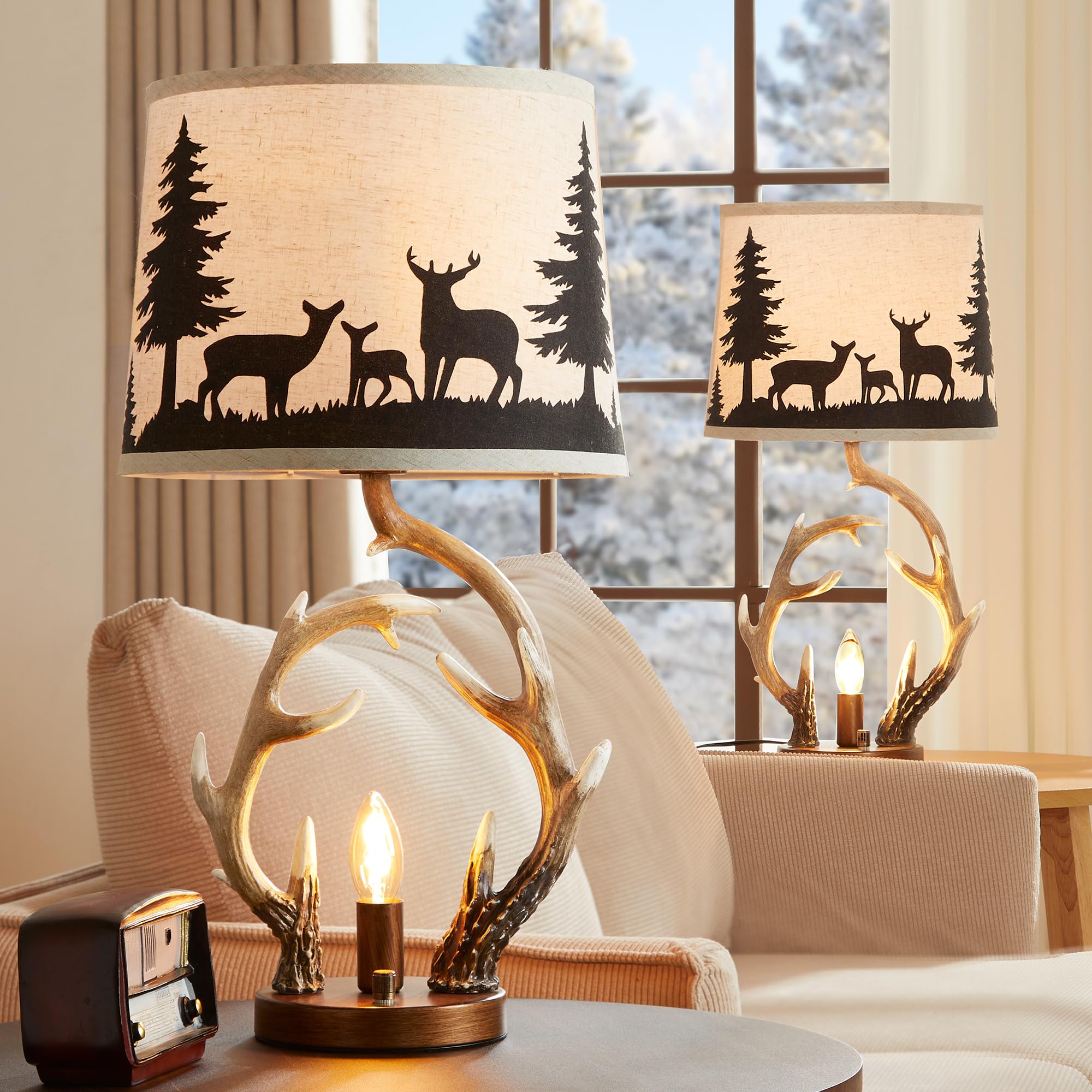 LEDIARY 23.8 Antler Table Lamps Set of 2 with Nightlight, 2 USB Ports Rustic Western Lamp with Deer Linen Fabric Shade, Cabin De