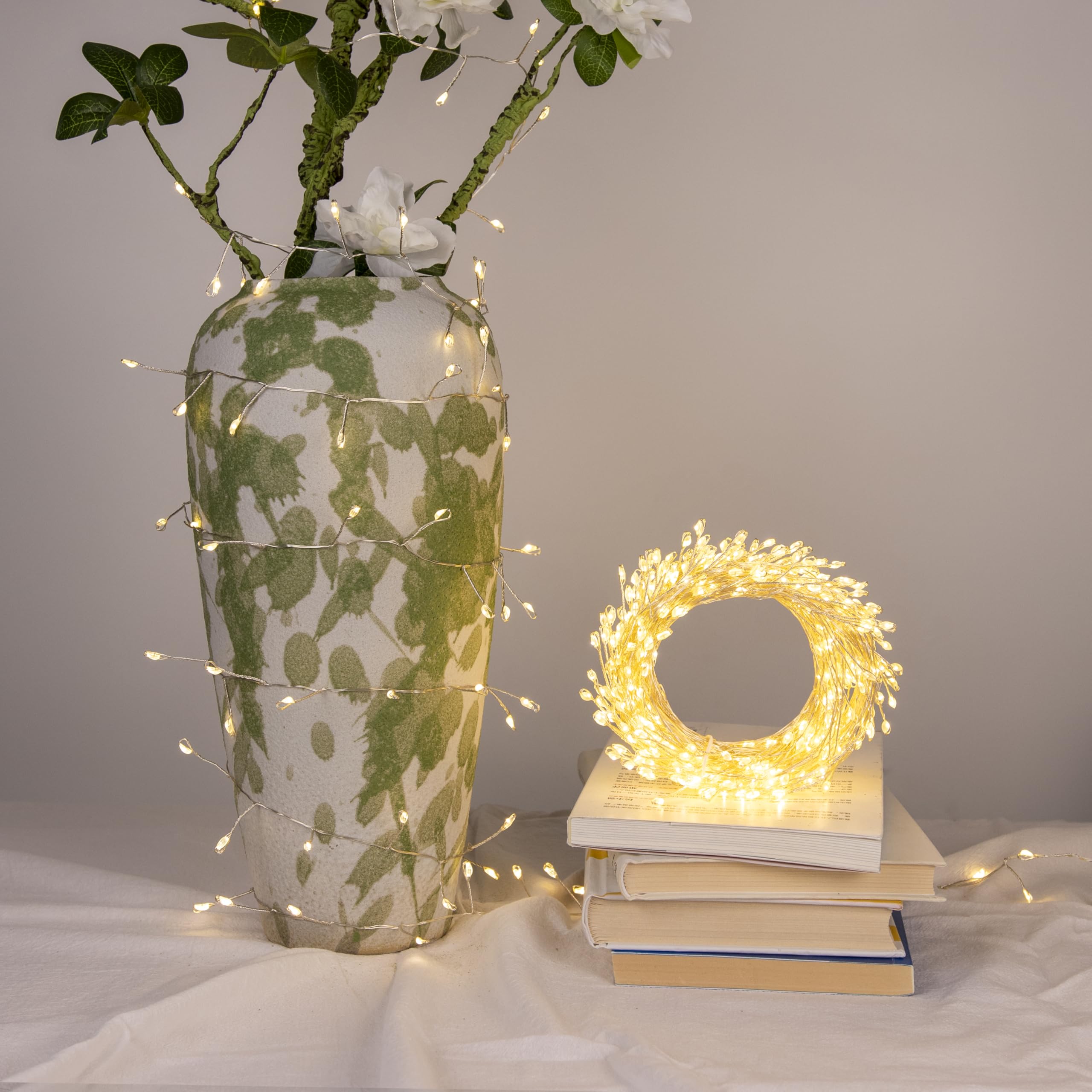 PCORES Fairy Lights Plug in, 20FT 200LED Firecracker String Lights Waterproof Silver Wire, for Bedroom/DIY/Party/Garden/Porch/Pa