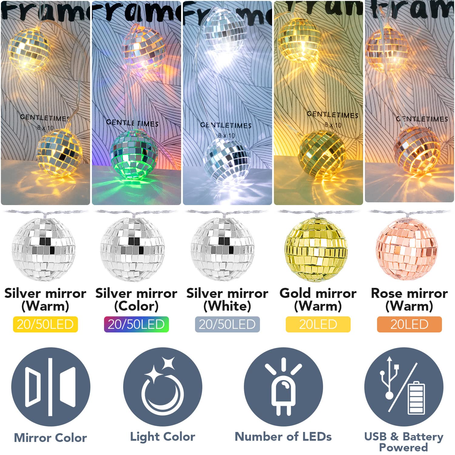 AceList Disco Ball String Lights - 20 LED, Battery Powered & USB, 9.8Ft, Silver, Model GZ-LT301BW-20-FBA1