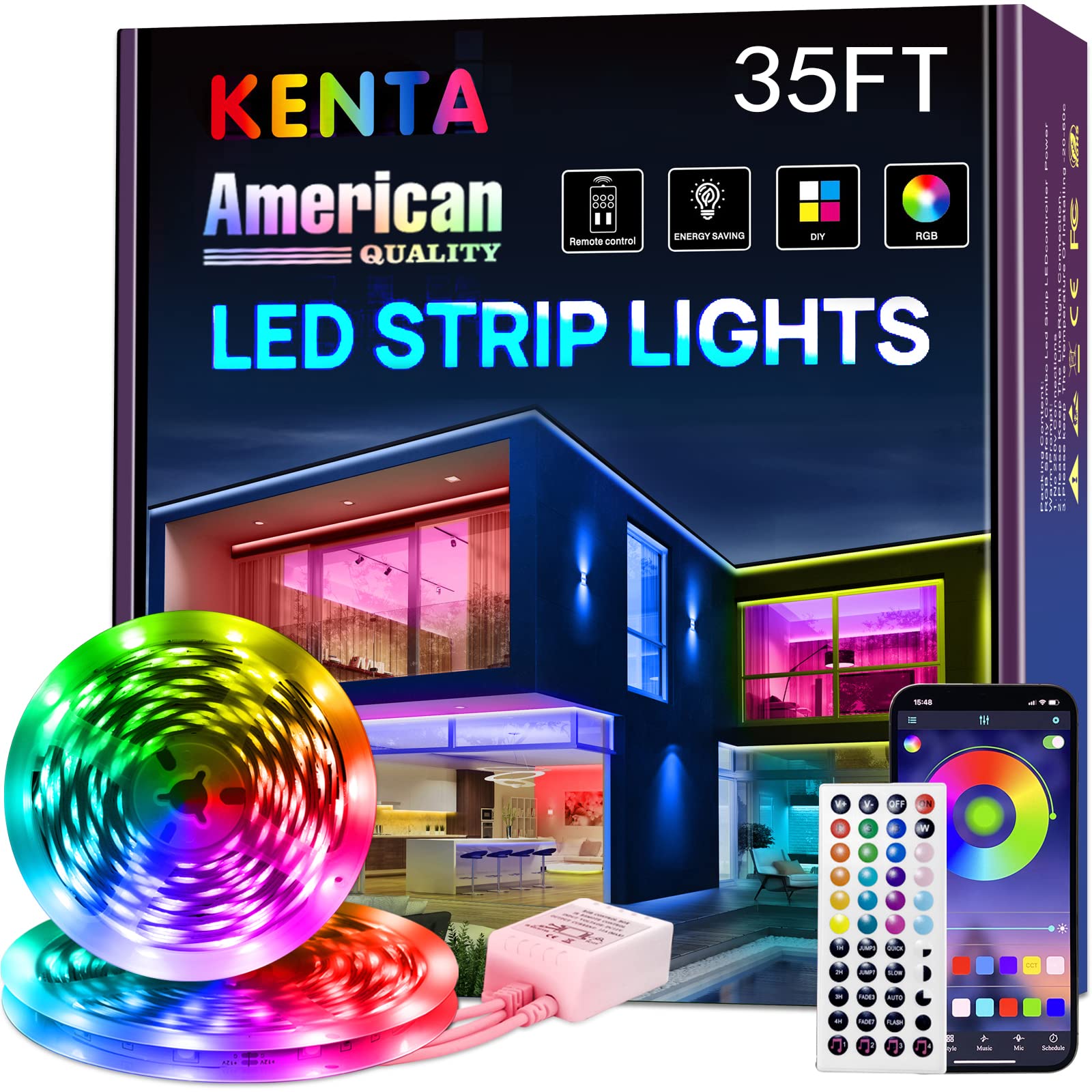 KENTA Led Strip Lights 35ft Smart Light Strips with App Control Remote, 5050 RGB Led Lights for Bedroom, Music Sync Color Changi