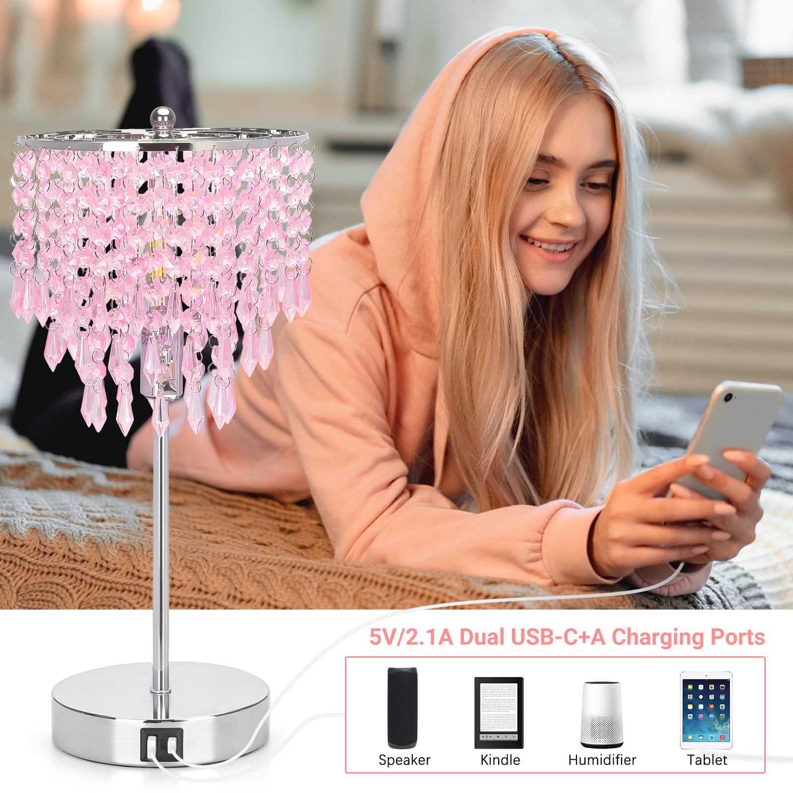Crystal Touch Control Table Lamp With Dual Usb Charging Ports, 3 Way Dimmable Bedside Lamp With Pink Shade, Decorative Nightstan