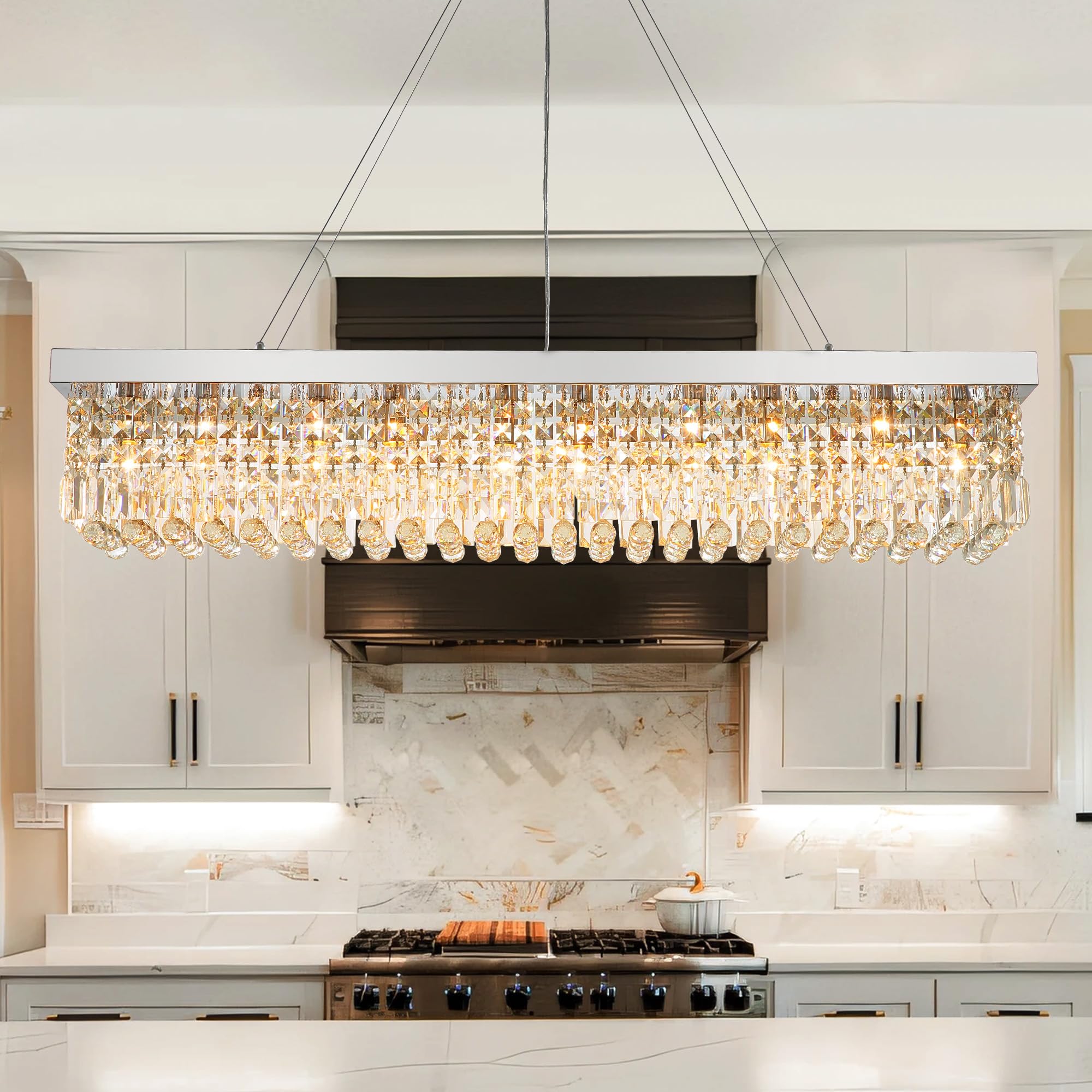 Tinkoso Modern Silver Rectangular Crystal Chandelier,10-Light Modern Chandelier,K9 Crystal Rectangle Chandelier,Farmhouse Pendan