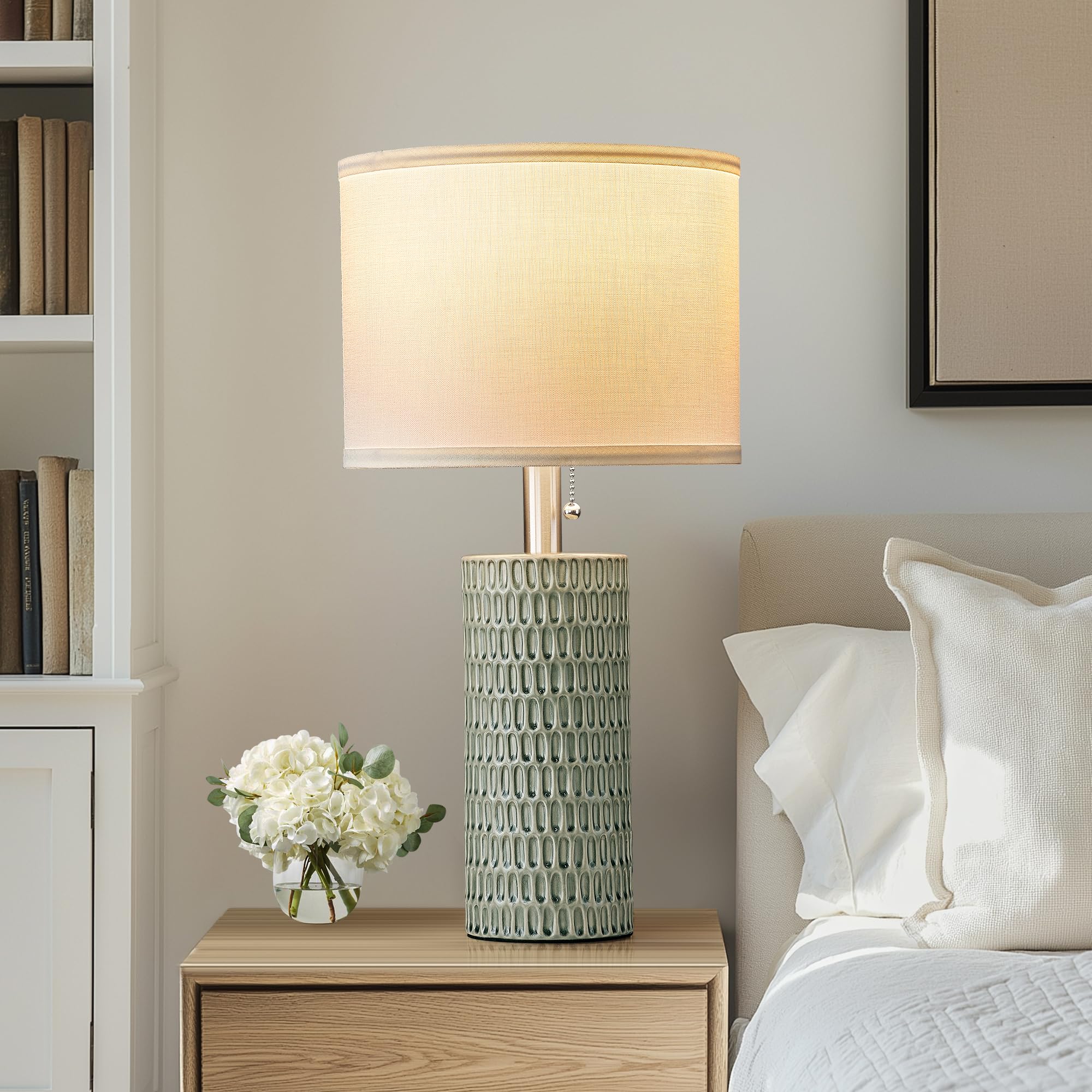 Reaketon Ceramic Table Lamp Set Of 2, 20'' Modern Bedside Lamps For Living Room, Bedroom & Home Office - Pull Chain Nightstand L