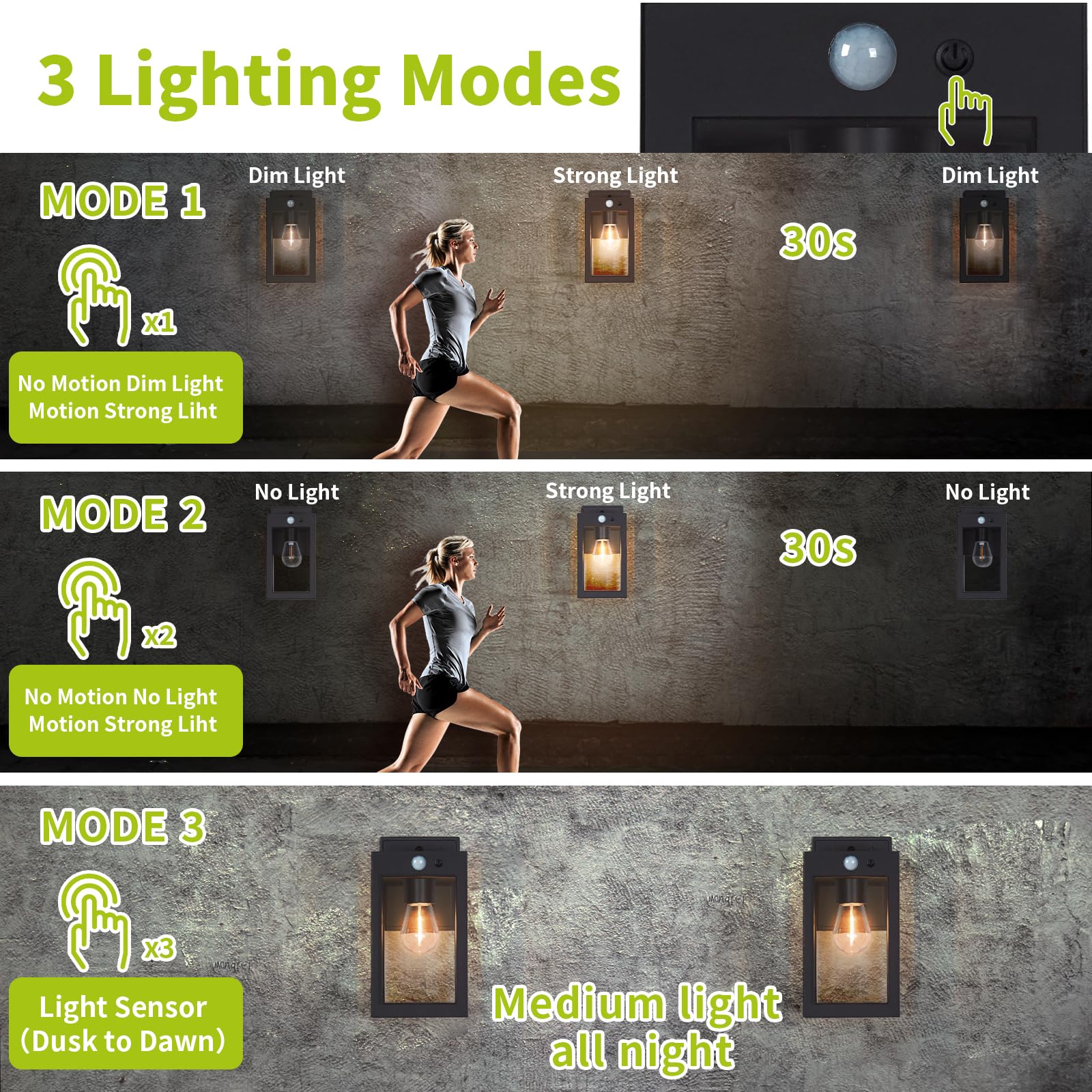 MDENLT Solar Porch Lights 2 Pack - Black, Motion Sensor, 3 Lighting Modes, Dusk to Dawn, Wall Mount Exterior Lanterns for House & Patio