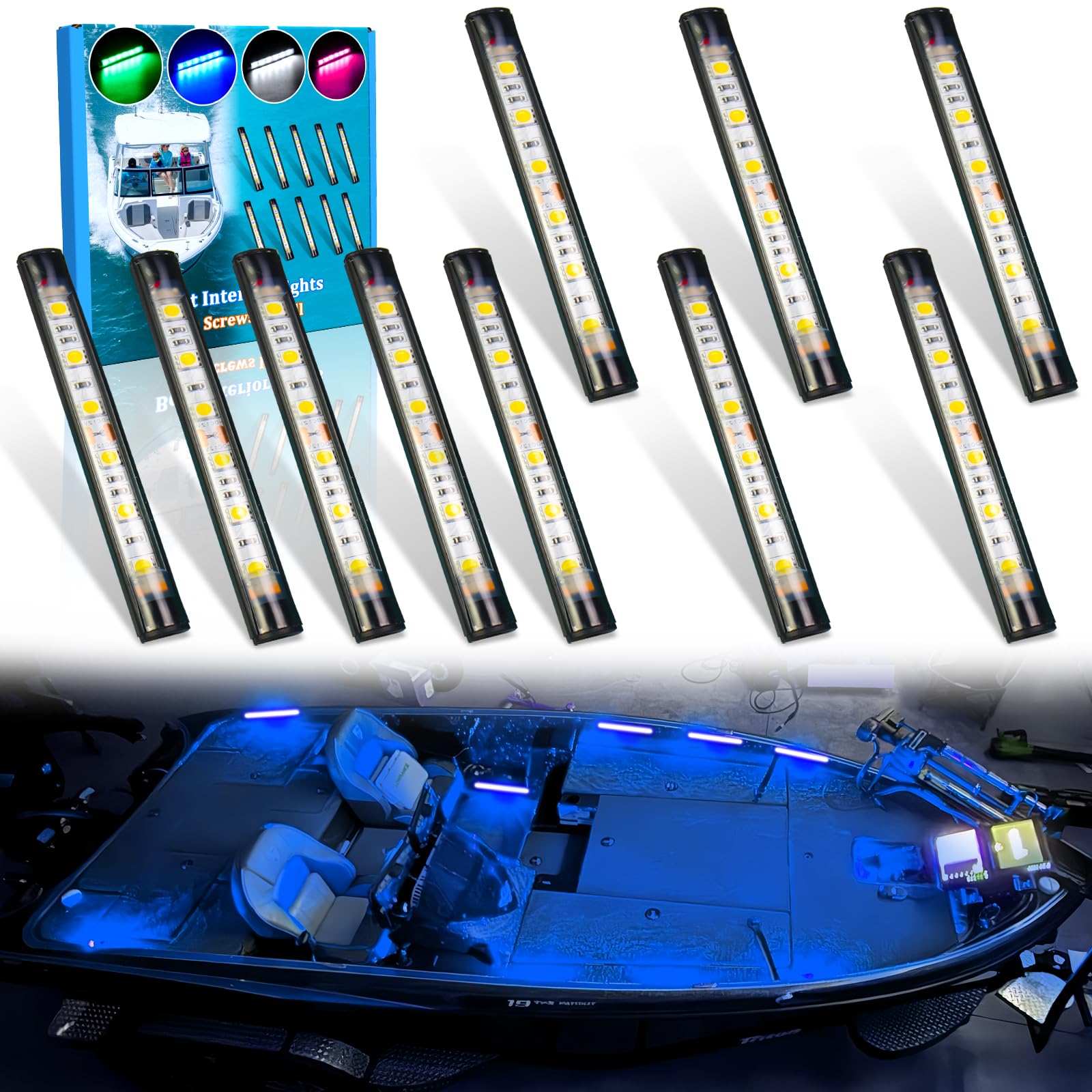 Botepon Marine LED Boat Interior Lights, IP67 Waterproof, No Drill Install, Blue, Model BP-6led-strip light-10