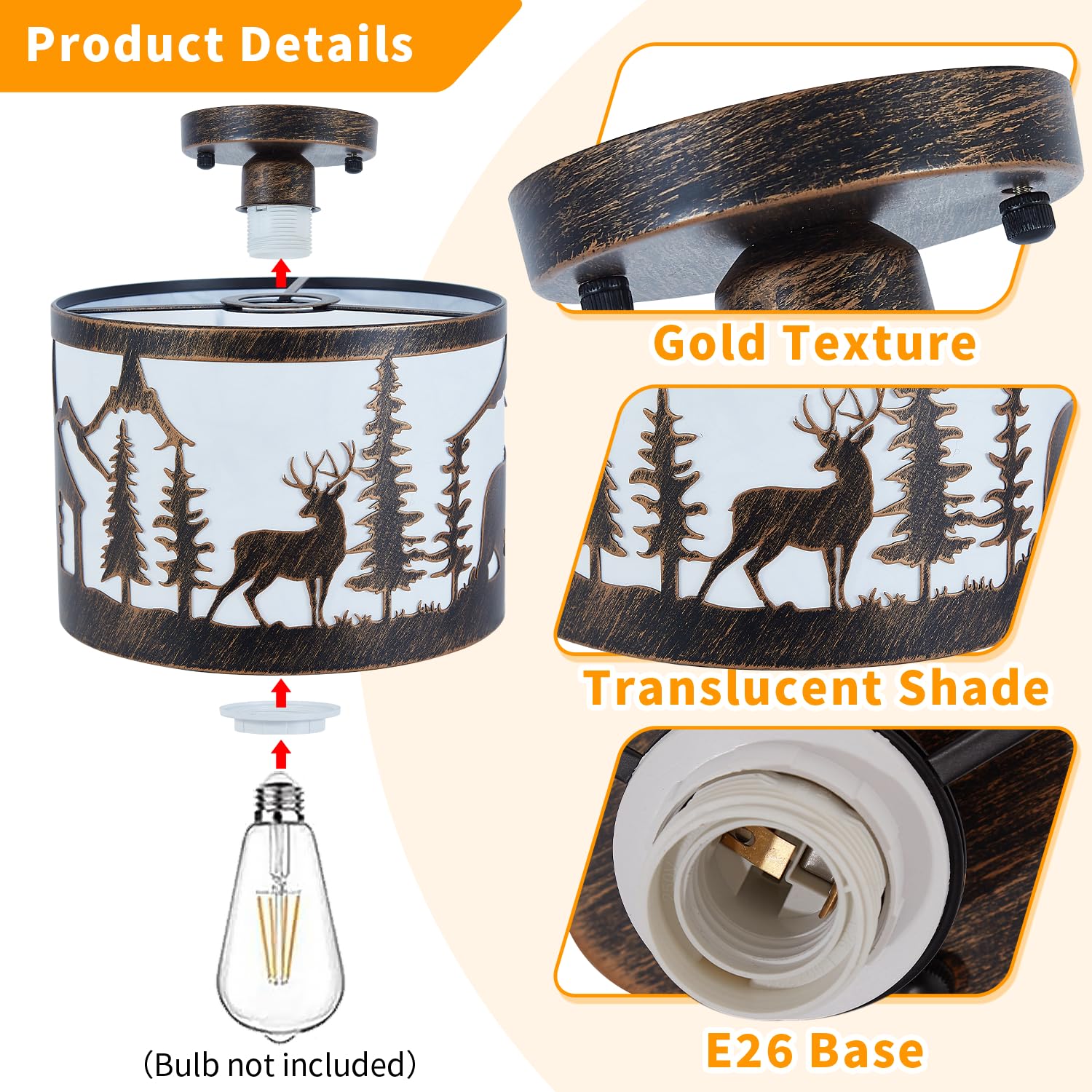 Monaxon Rustic Semi Flush Mount Ceiling Light, Black Metal, Wildlife Forest Theme, E26 Base, 9.1in Round, With Shade