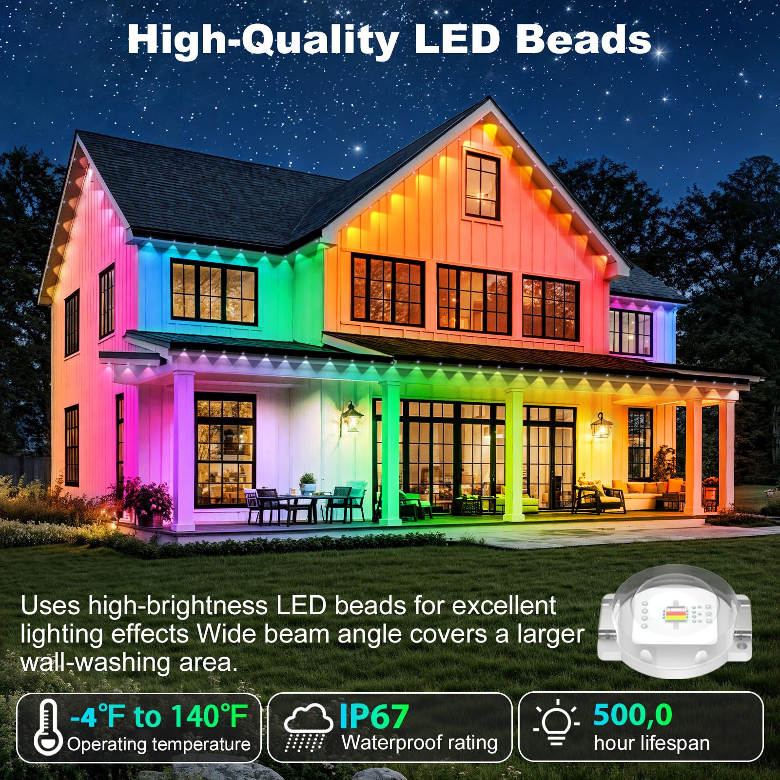 RCUICA 500FT Waterproof Outdoor Lights with Smart App Control, RGB Color, DIY Scenes, Music Sync, Perfect for Garden & Deck Decor