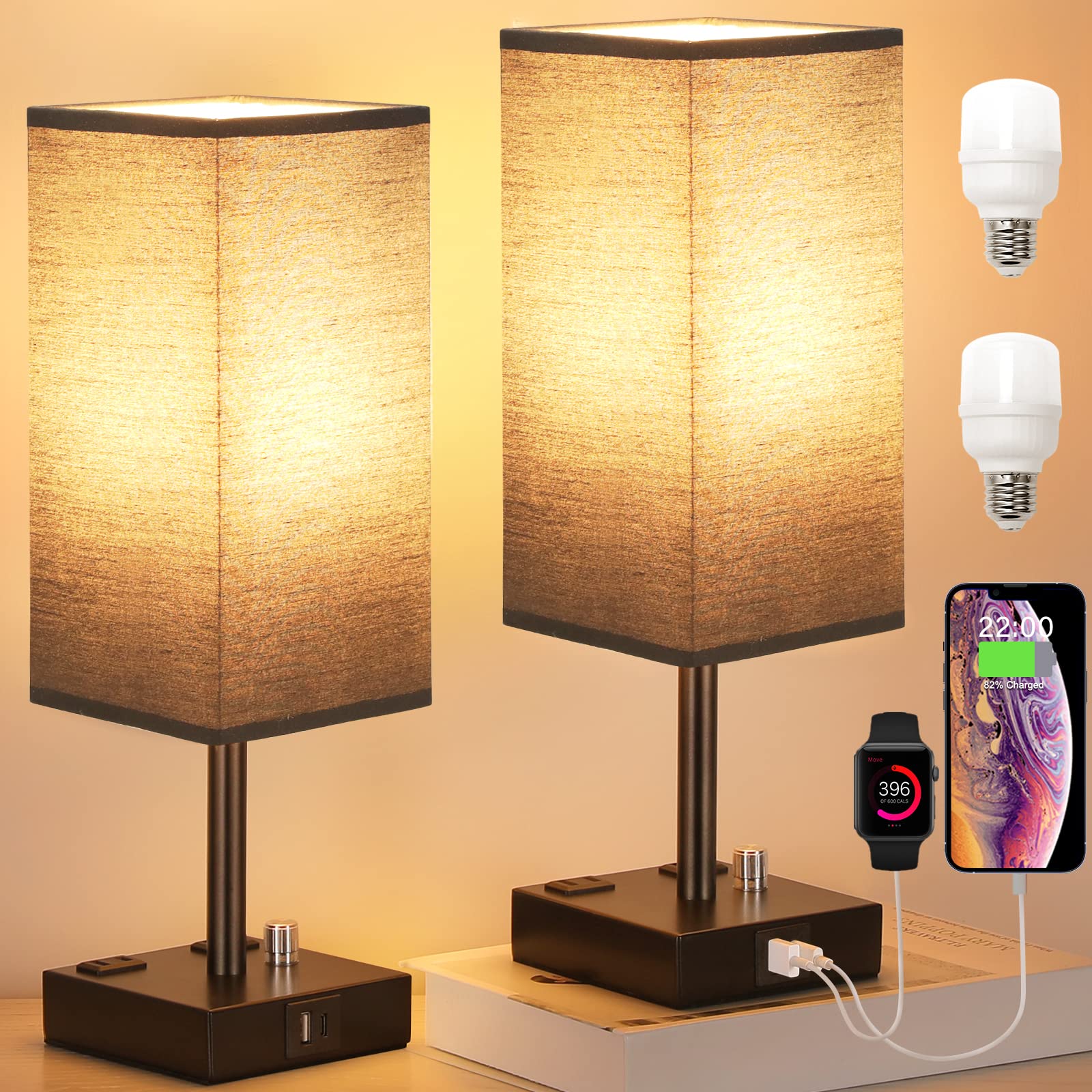 Black Fully Dimmable Nightstand Lamps Set Of 2 - Table Bedside Lamp With Usb C+A Charging Ports & 2 Ac Outlets, Square Lamp Sets