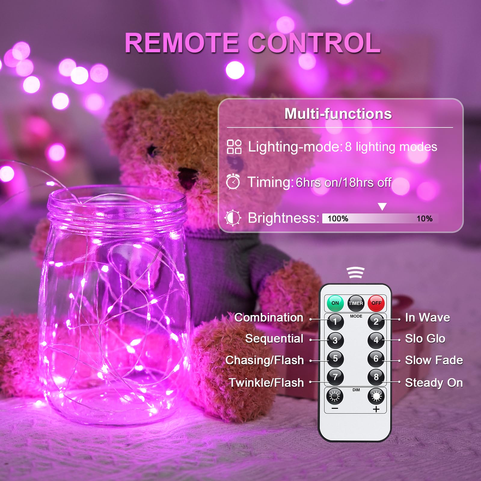 JMEXSUSS 200 LED Pink Fairy Lights, Battery Operated, 33ft, 8 Modes, Remote Control, Perfect for Bedroom and Valentines Day Decor