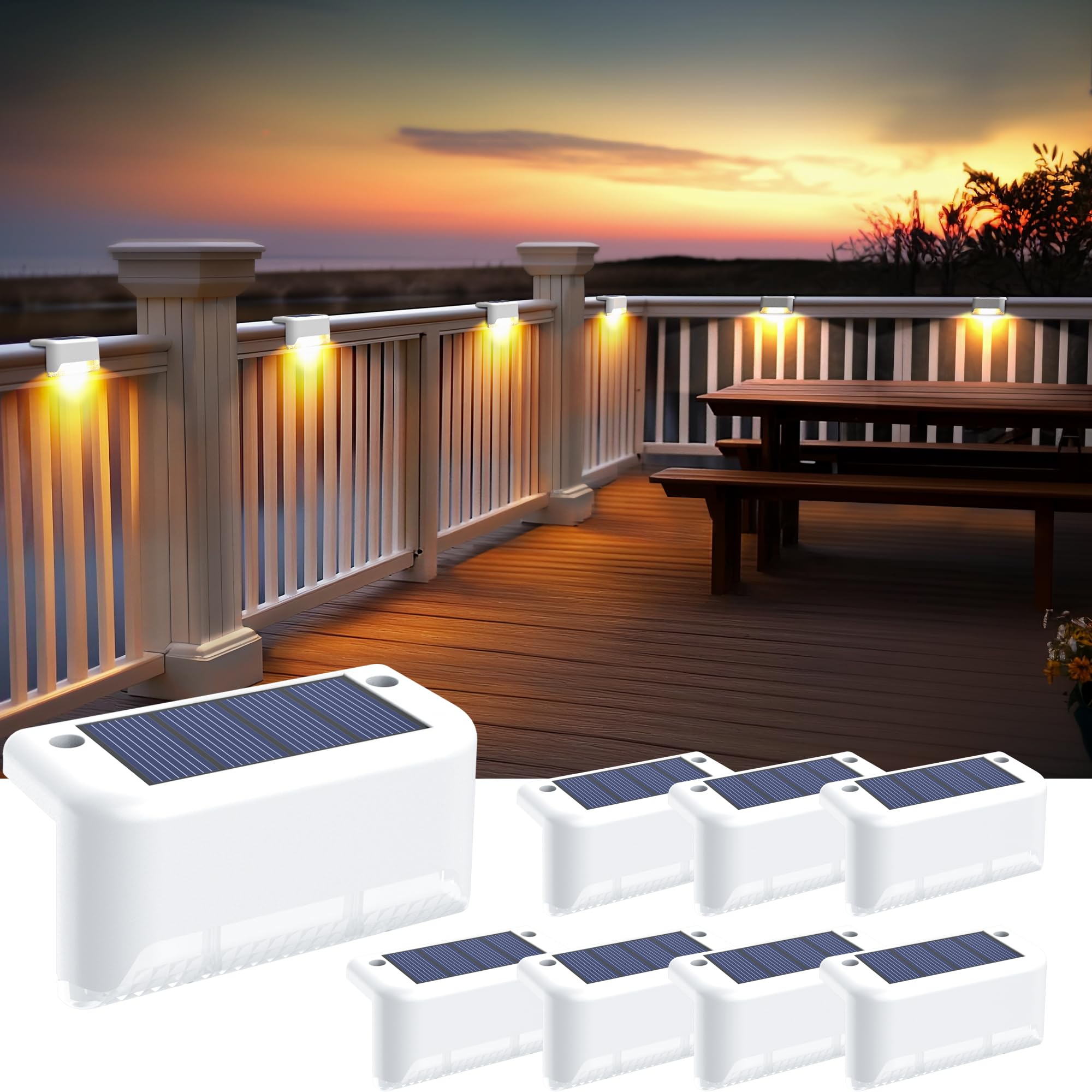 SOLPEX Solar Fence Lights, Waterproof LED Step Lights, 8 Pack, Warm White, for Outdoor Stair, Balcony, Railing, Garden Decor