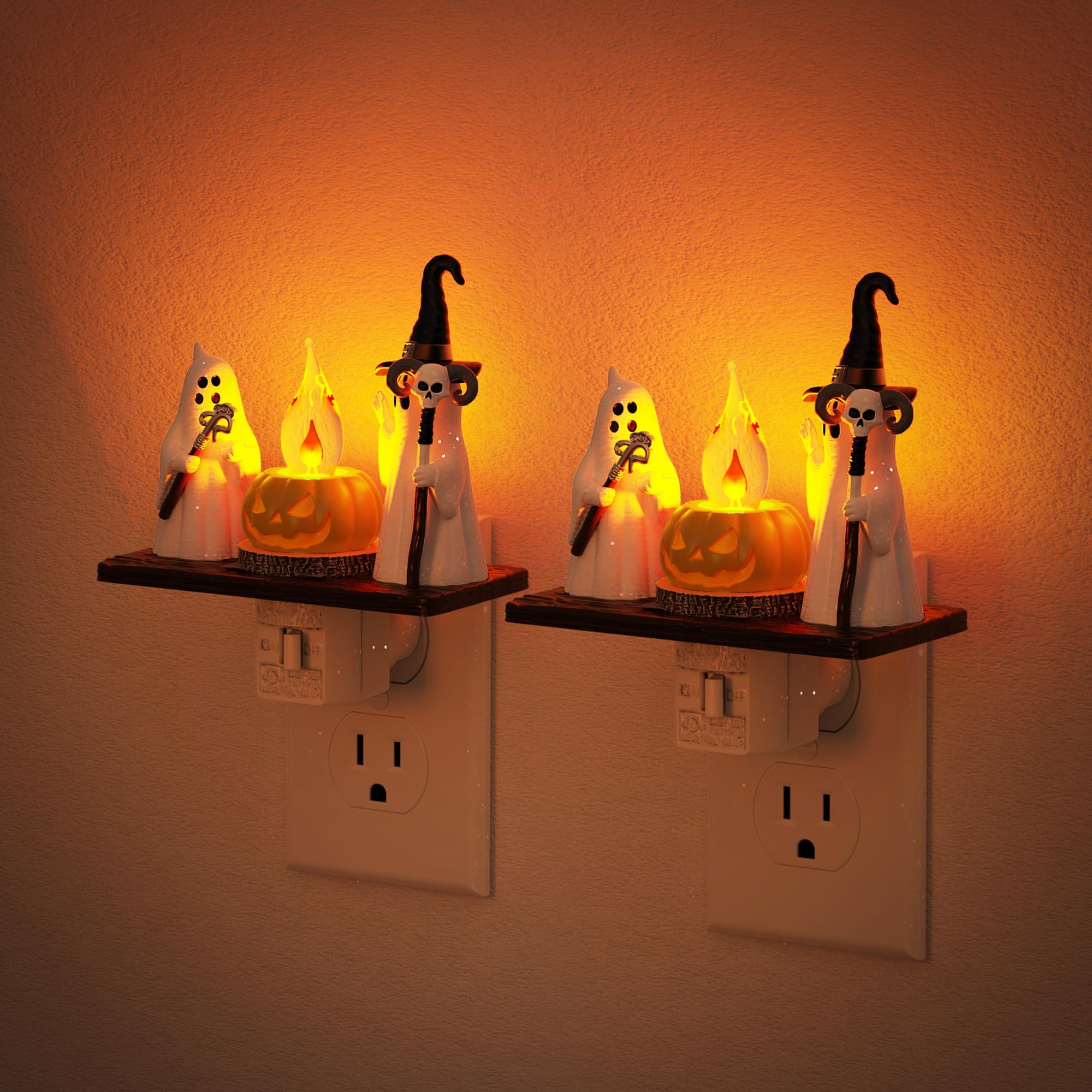 Halloween Night Light,Amber Night Lights Plug into Wall,Cute & Funny Flaming Jumping Night Light,Ghost & Pumpkin Plug in Nightli