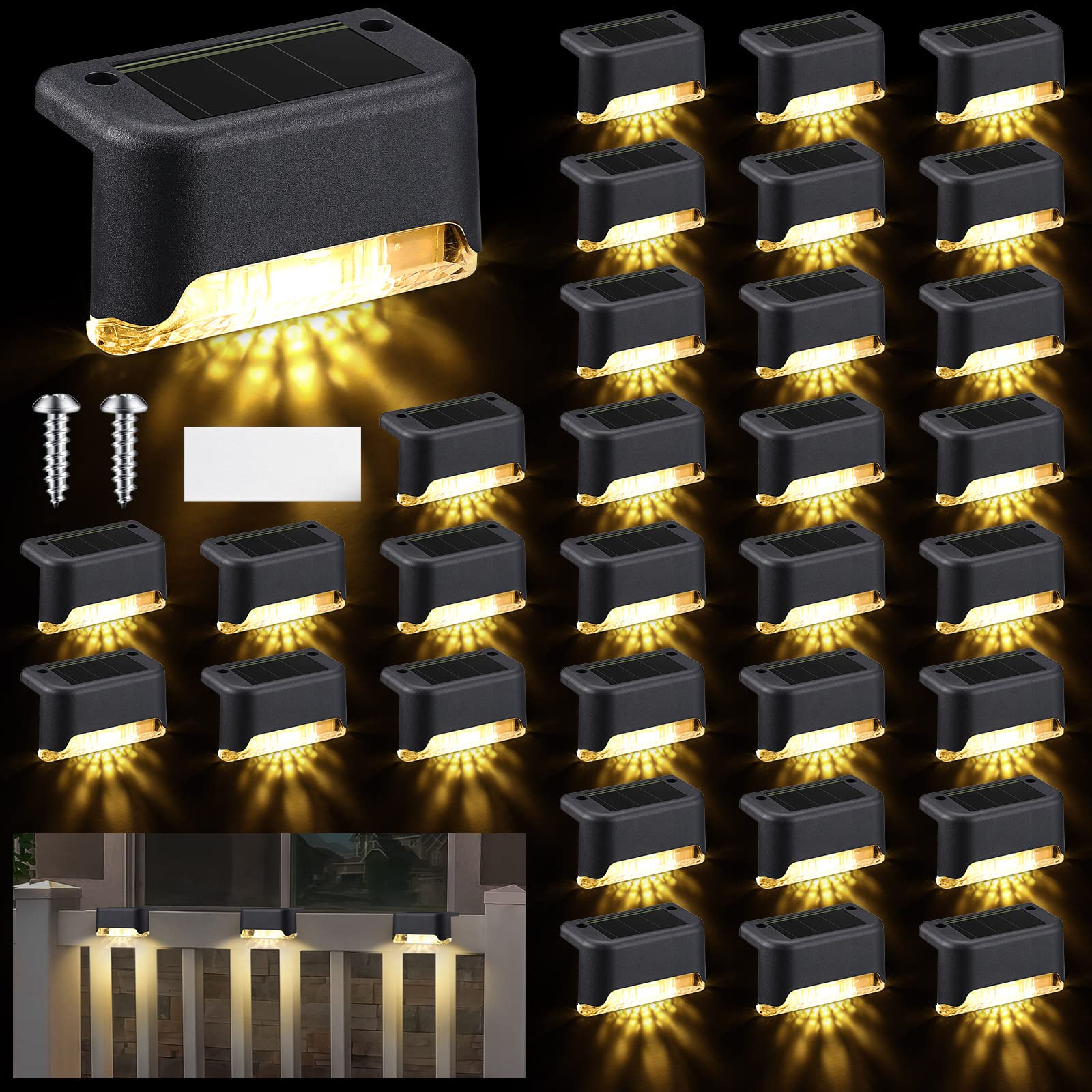 Geelin 32 Pcs Solar Deck Lights, Waterproof LED Step Fence Lights, Black Shell, Warm White Light, Model HOD-Geelin-055